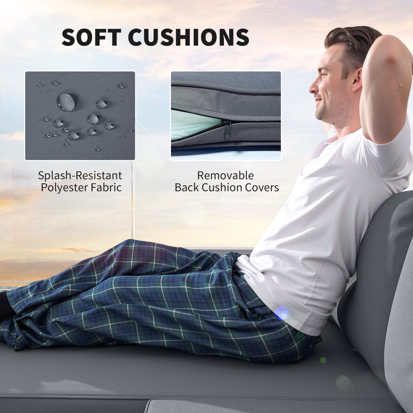 Outsunny 3-Piece Rattan Garden Furniture Set, L-Shaped Chaise Lounge with Wood Top Coffee Table & Thick Cushions, Charcoal Grey