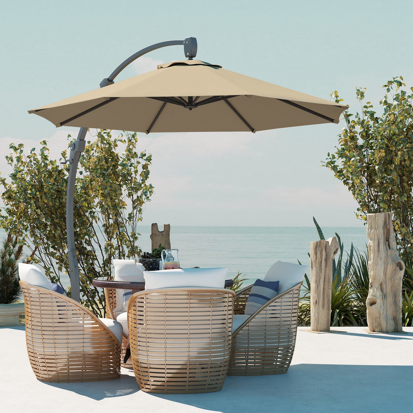 Outsunny Garden Cantilever Parasol, Round Umbrella, Crank Handle, Cross Base, 360° Rotation, Aluminium Frame, Banana Patio Sun Shade, Khaki