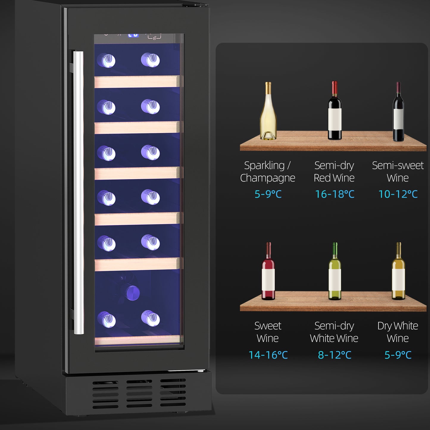 HOMCOM 19 Bottle 5-18°C Wooden Rack Wine Fridge - Black