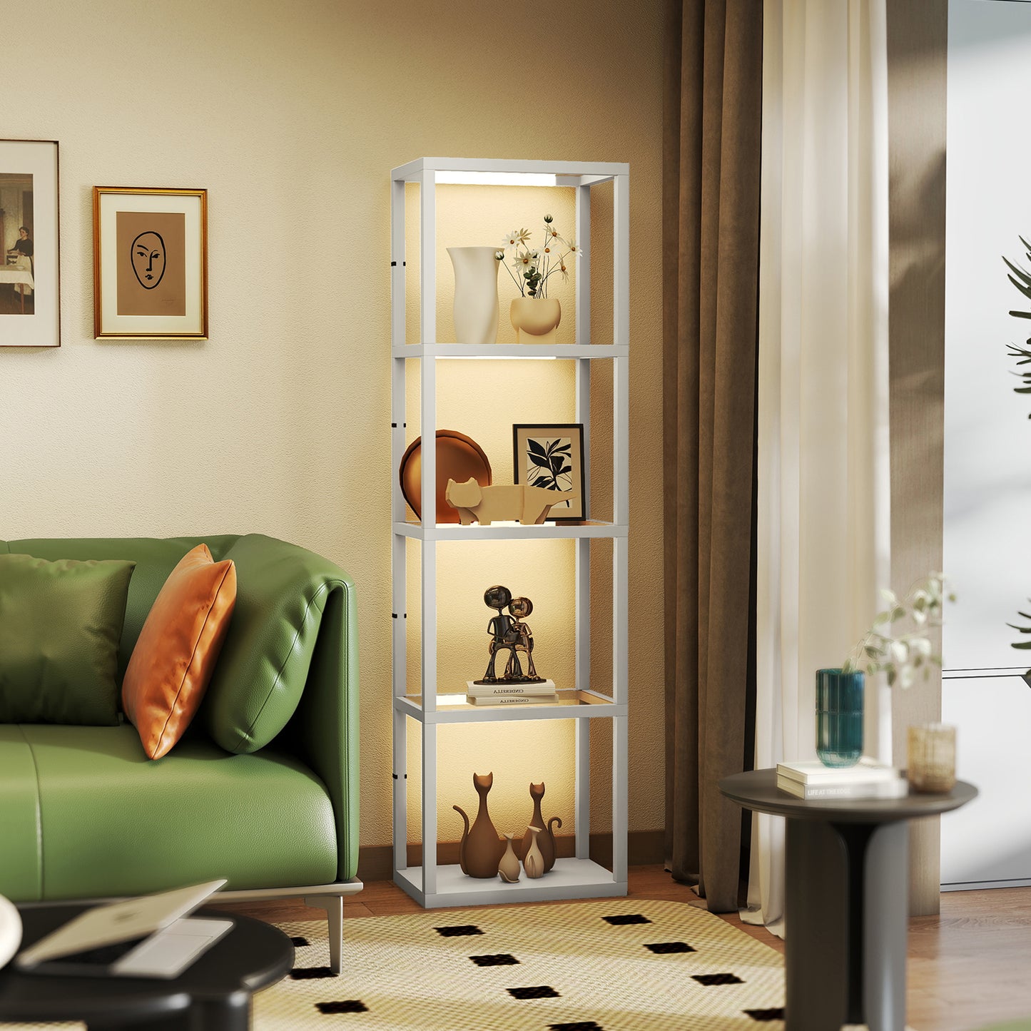 HOMCOM LED Floor Lamp with 4 Glass Shelves, Dimmable Tall Standing Lamp, Modern Shelf Light for Living Room, Bedroom, Office, Grey