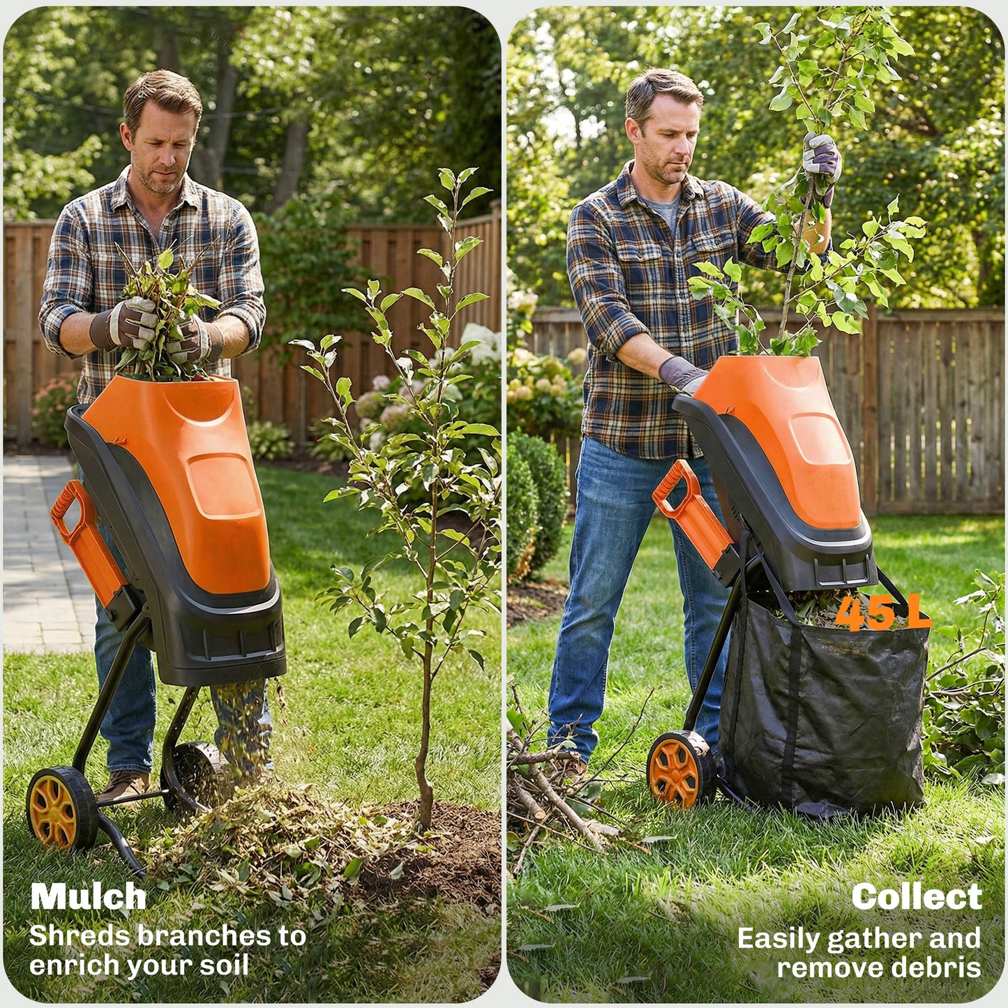 Outsunny 15-Amp Electric Wood Chipper, Corded Wood Mulcher Shredder with 45L Collection Bag, 4300RPM, 1.7" Cutting Diameter