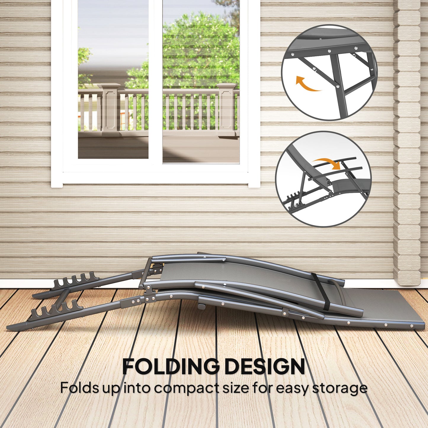 Outsunny Set of 2 Folding Sun Loungers, 4-Position Adjustable Outdoor Chairs with Armrests, Pillows, Grey