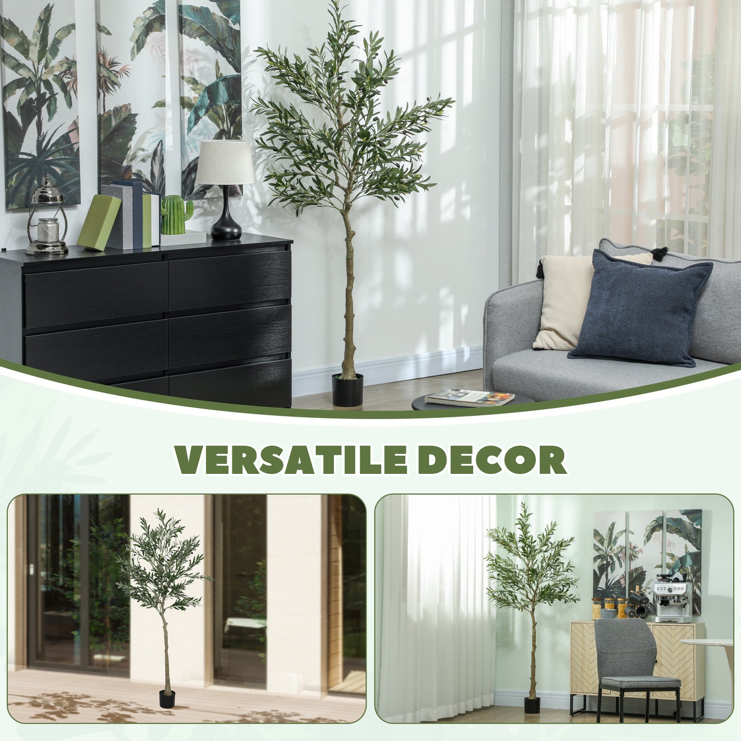 HOMCOM 6ft Artificial Silk Olive Tree, 900 Leaves, 40 Olives, in Pot, Perfect for Home, Office, Living Room Decor, Green.