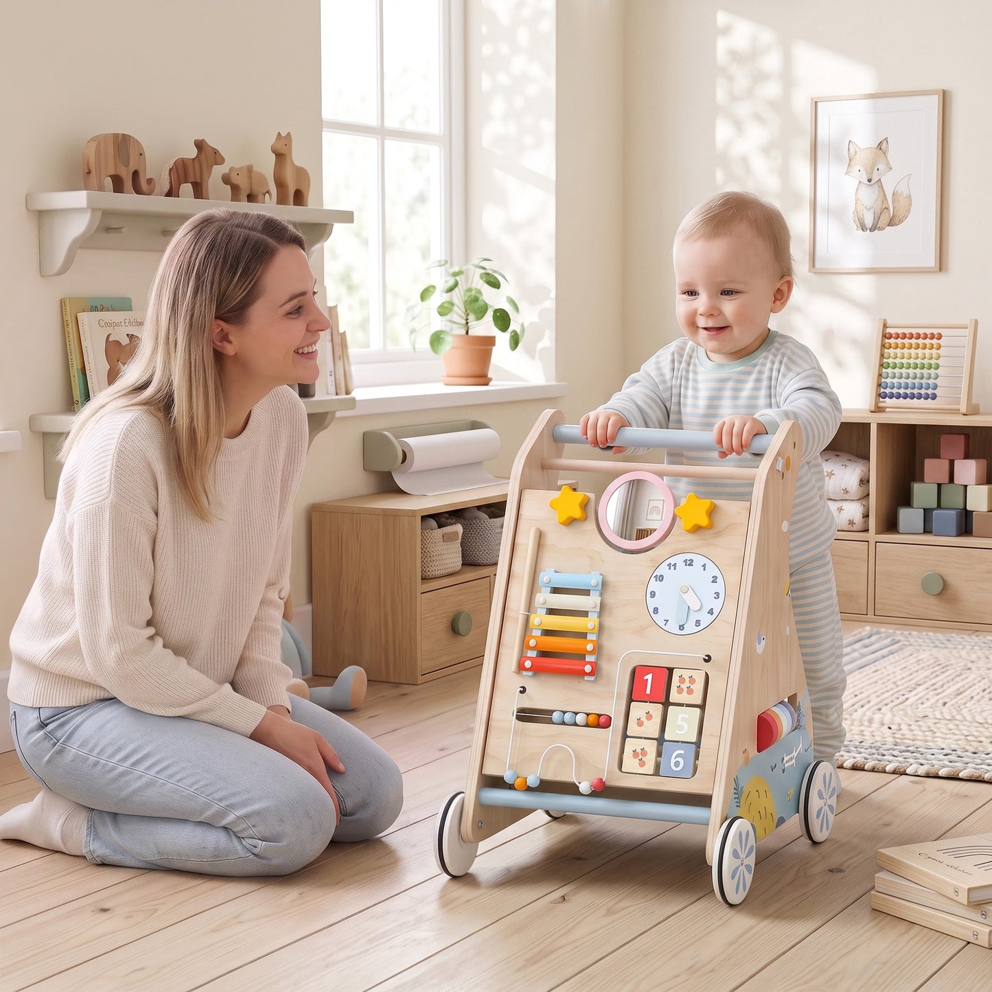 AIYAPLAY Wooden Baby Walker with Detachable Double-Sided Activity Board, Push Along Walker, Gift for Boys Girls 1-3 Years