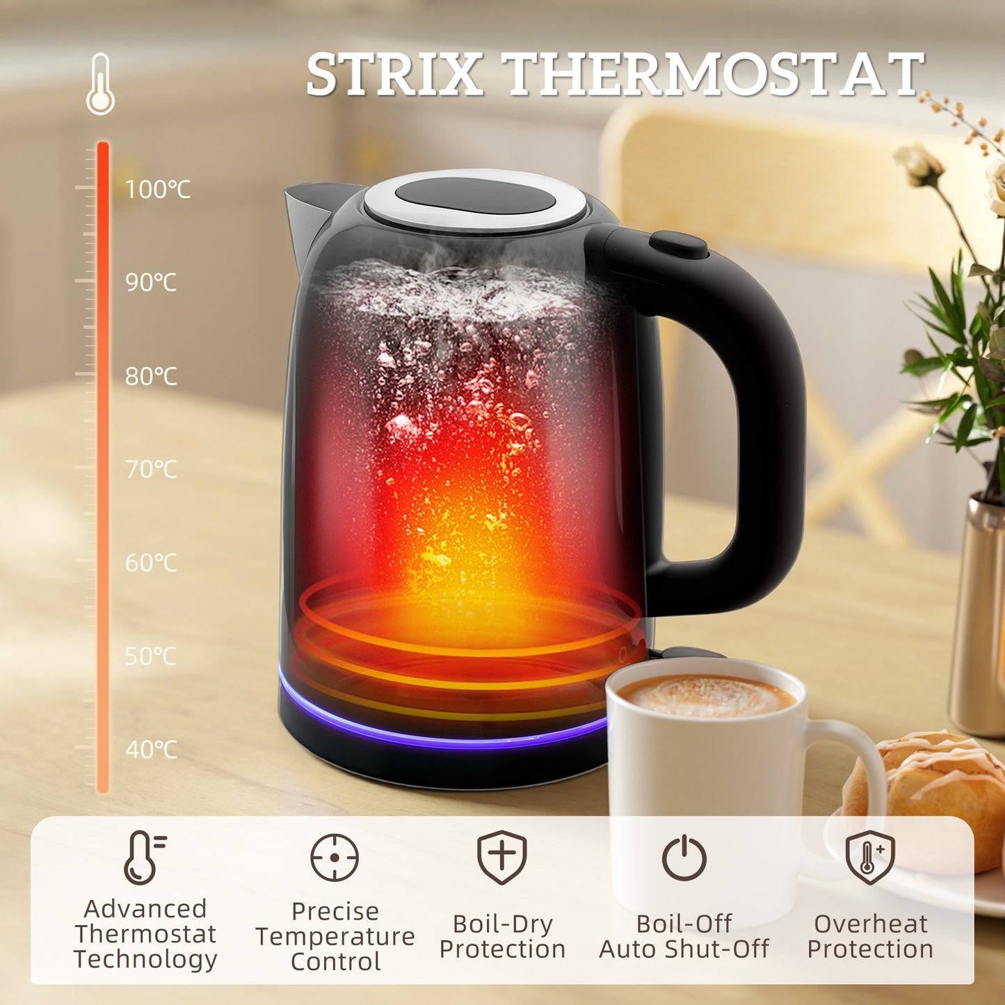 HOMCOM Kettle & Toaster Set: 1.7L 3000W Rapid Boil Jug with Strix Thermostat, Limescale Filter; 4 Slice Toaster, 7 Browning Controls, Crumb Tray, Black