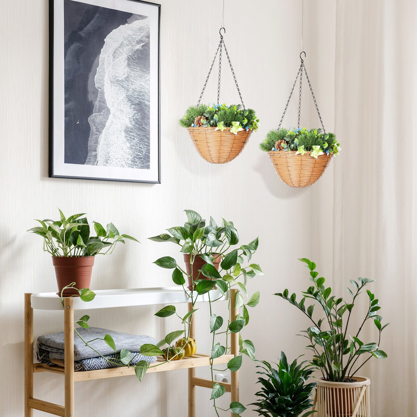 HOMCOM Artificial Flowers in Basket, Set of 2, with PE Leaves, 18 Flowers & 3 Pinecones, Decorative Faux Plant for Home/Office Decor, Green