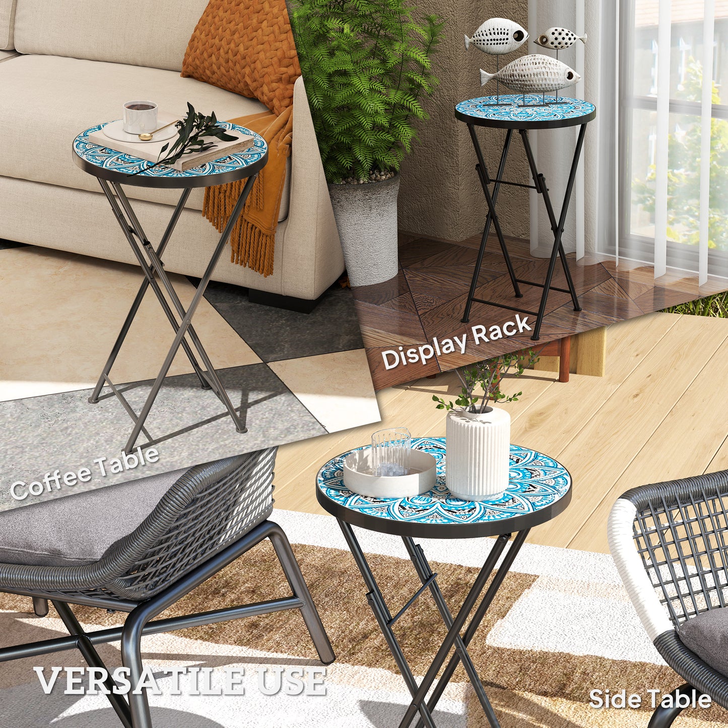 Outsunny Mosaic Garden Table, 35.5cm Round Folding Coffee Table with Metal Frame, Indoor Outdoor Table for Balcony Terrace, Blue
