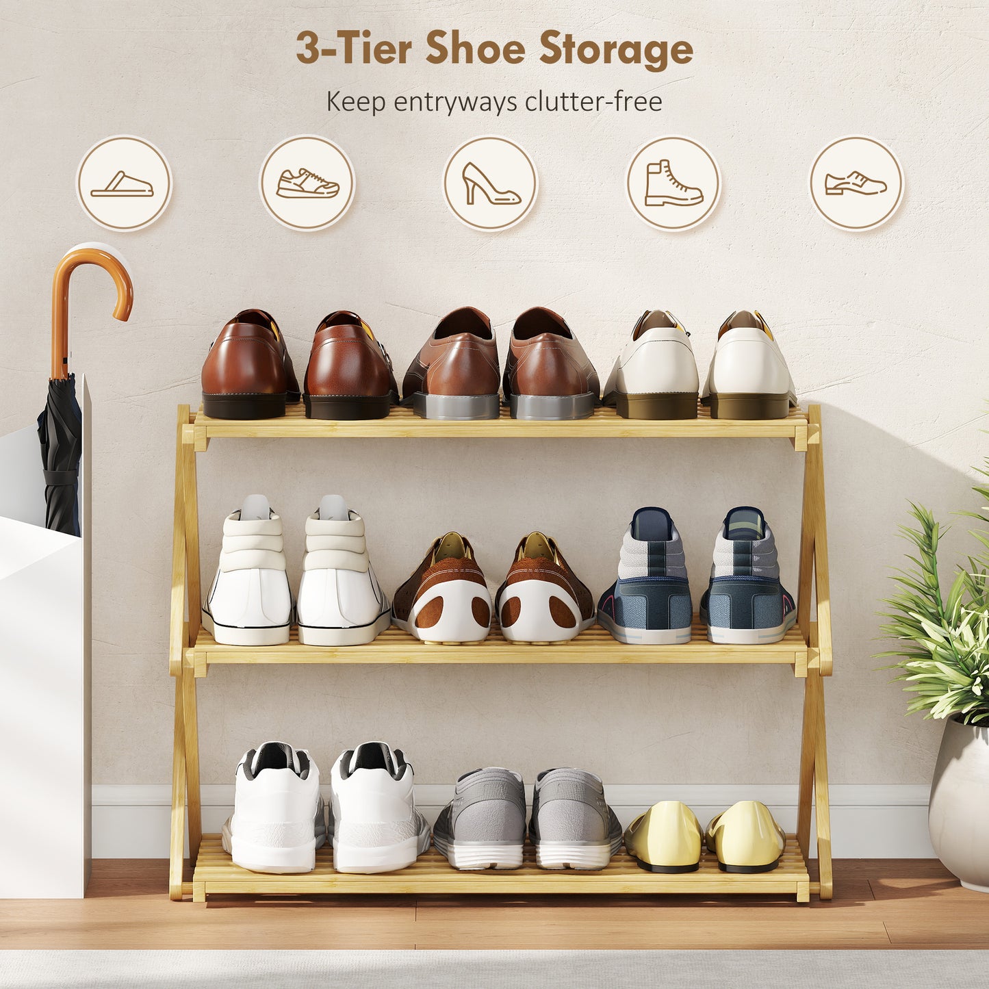 HOMCOM 3-Tier Bamboo Shoe Rack, No Assembly - Natural