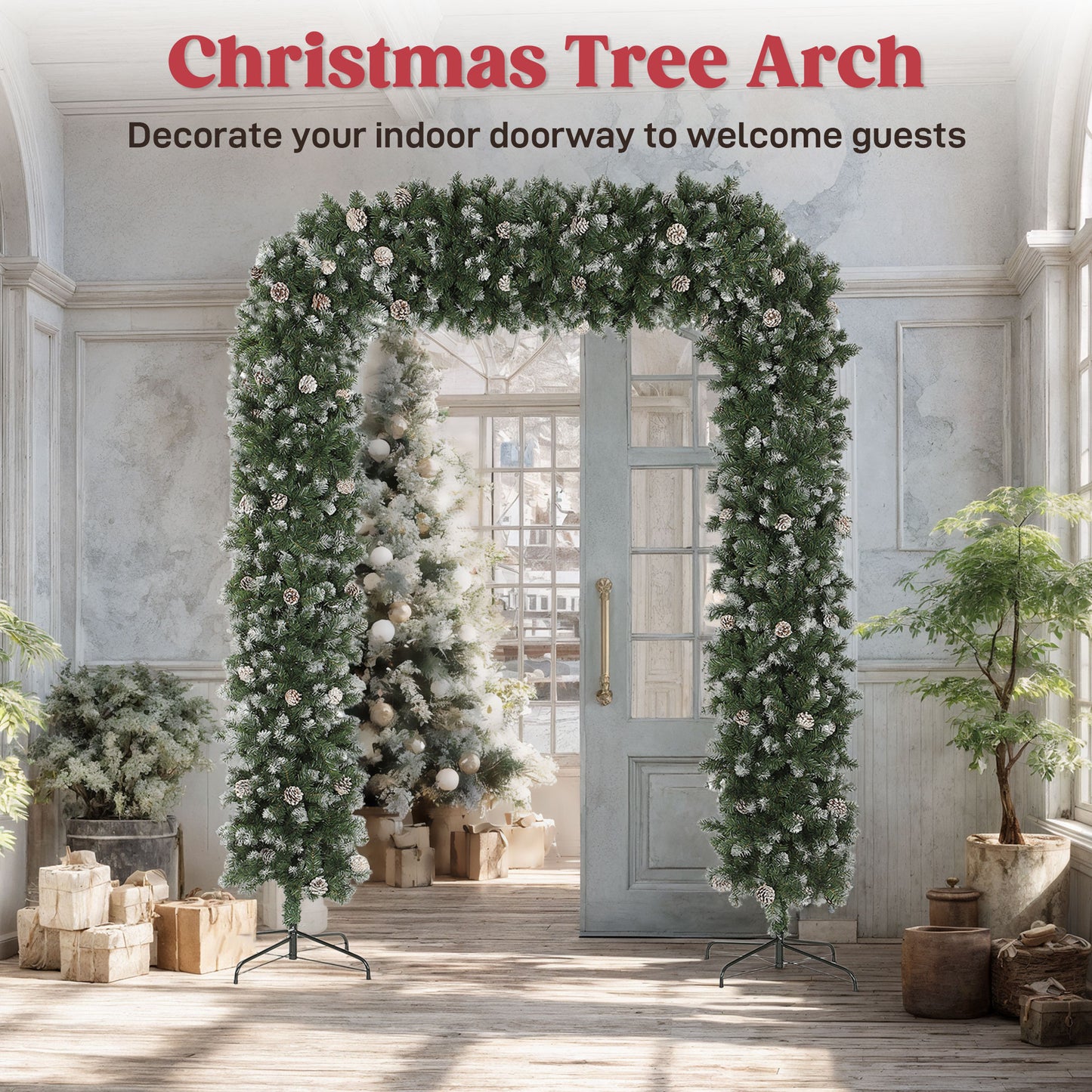 HOMCOM Snow Frosted Christmas Tree Arch, 8.2 ft, 1800 Tips, 91 Pinecones, Artificial Xmas Tree with Metal Stand for Indoor, Green