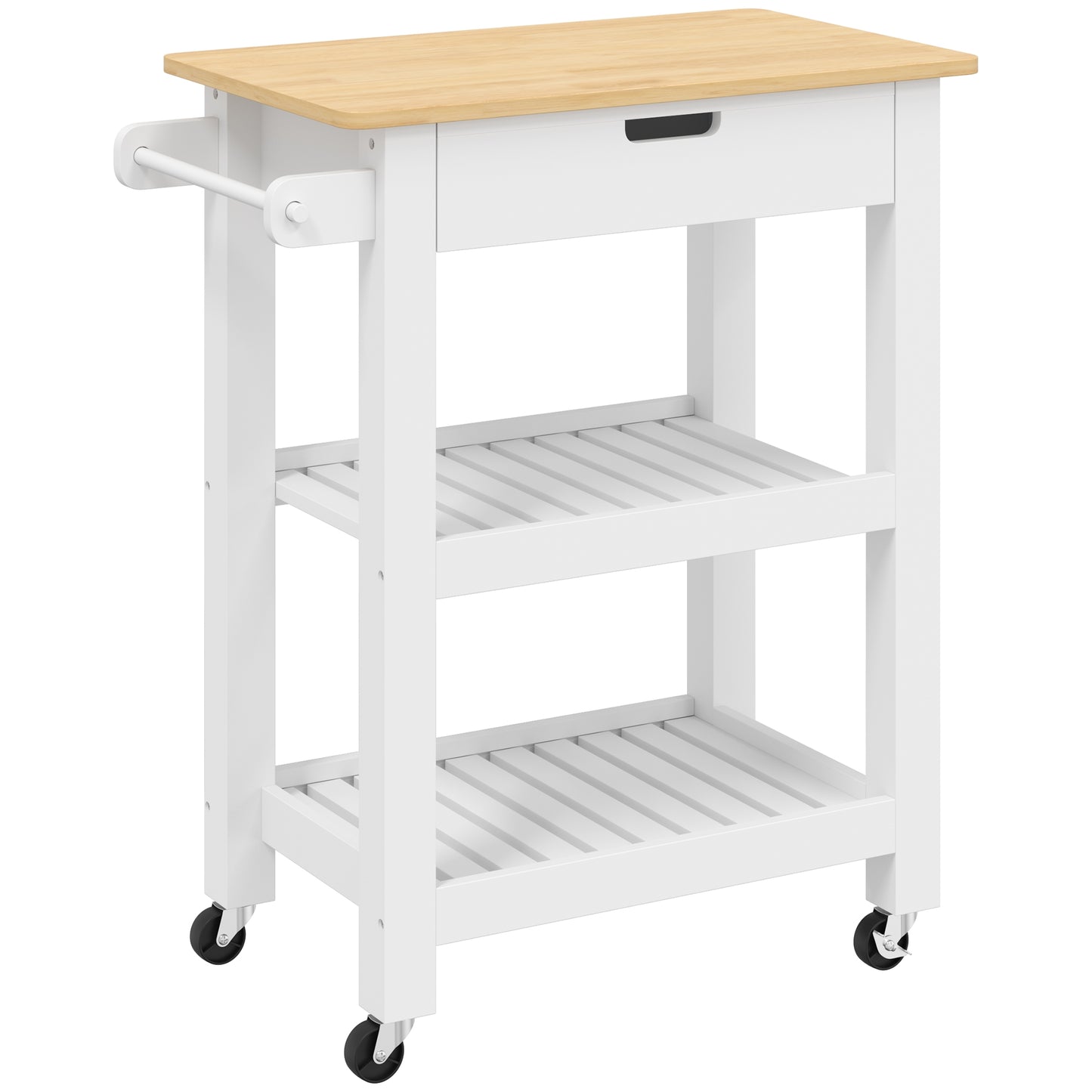 HOMCOM Kitchen Trolley Utility Cart on Wheels with Rubberwood Worktop, Towel Rack, Storage Shelves & Drawer for Dining Room