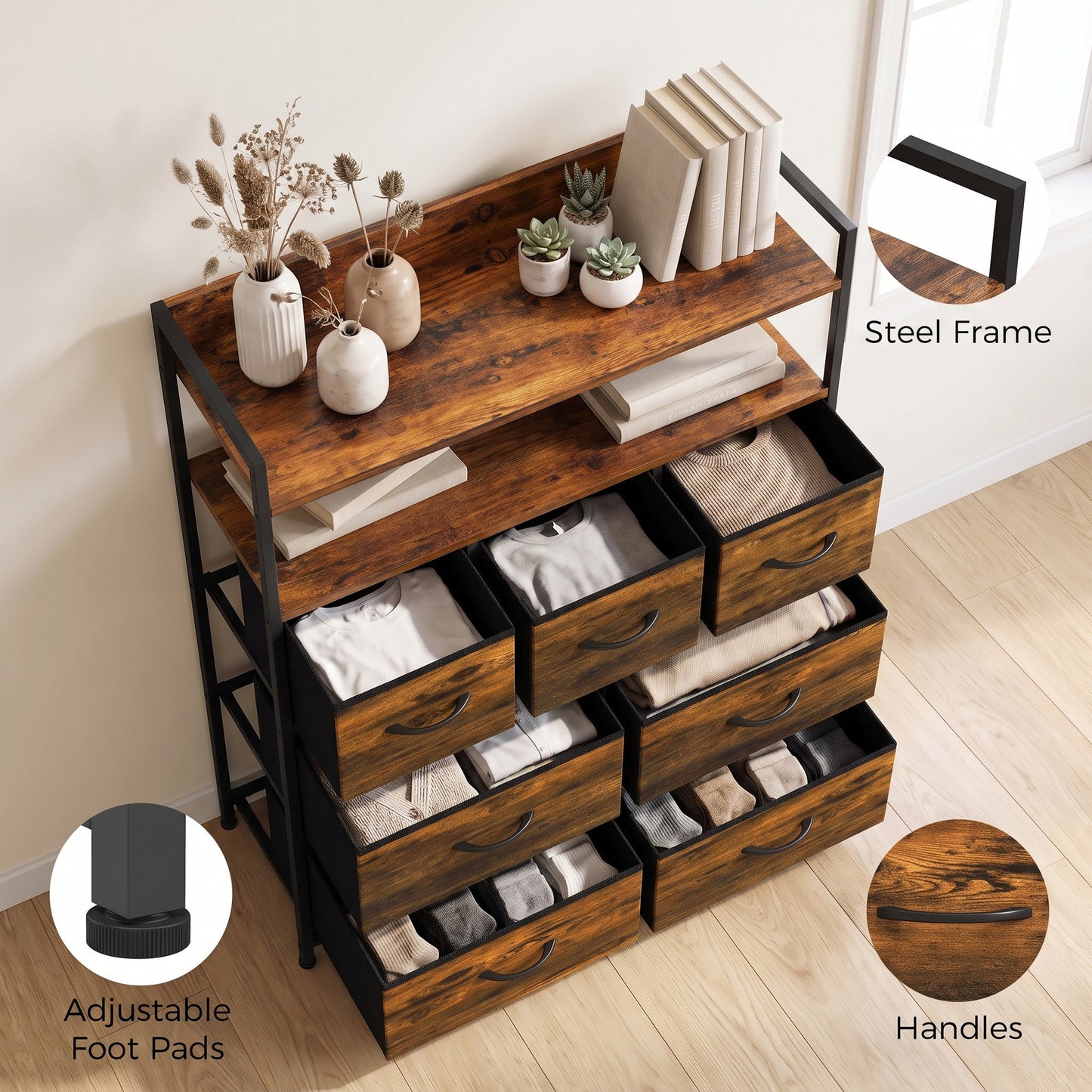 HOMCOM Chest of Drawers, Bedroom Fabric Dresser with 7 Drawers, Storage Organiser Unit with Open Shelves, Rustic Brown
