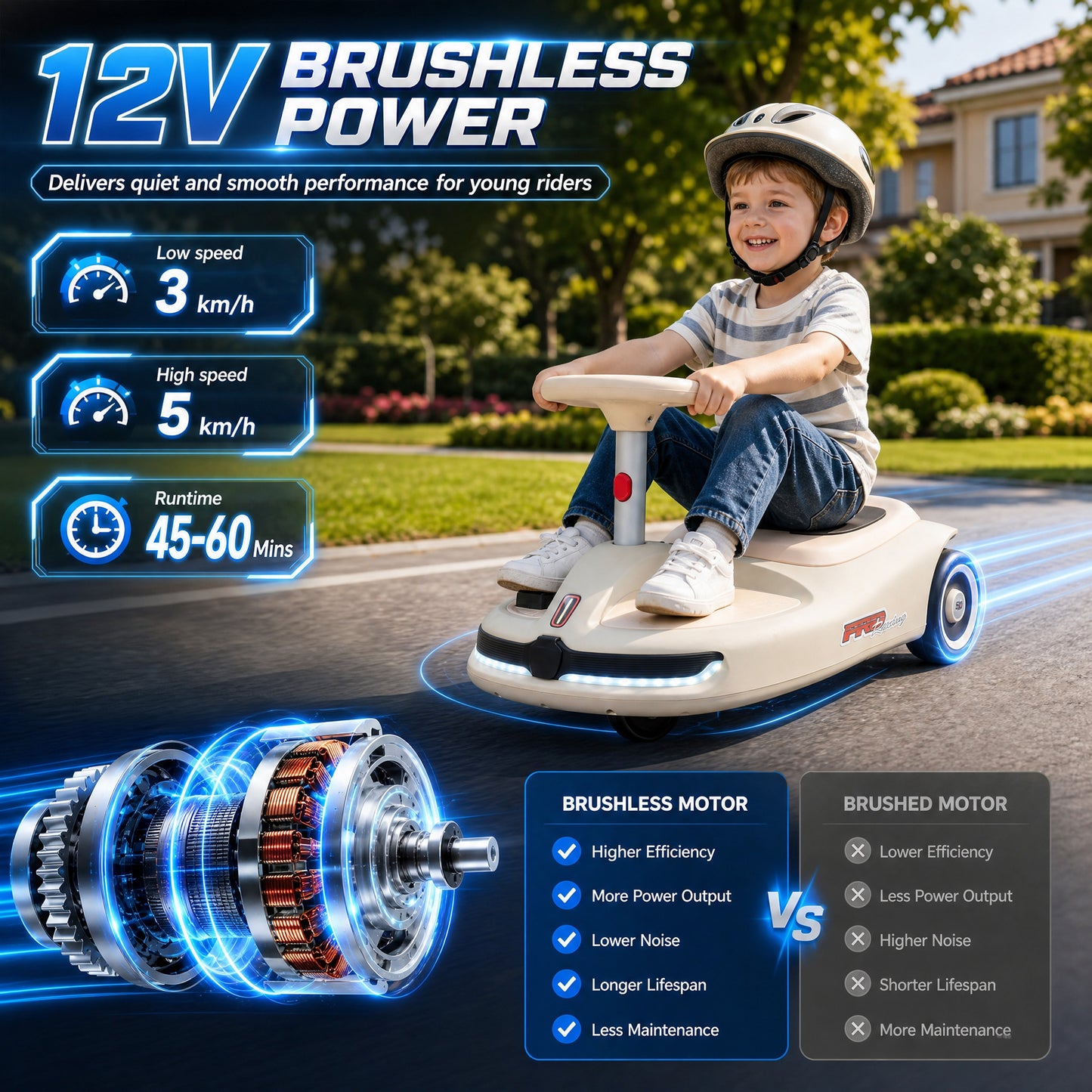 AIYAPLAY 12V Electric Wiggle Car with Pedal, Kids Electric Car with 2 Speeds, Soft Start, Music, Lights for 3-5 Years, White
