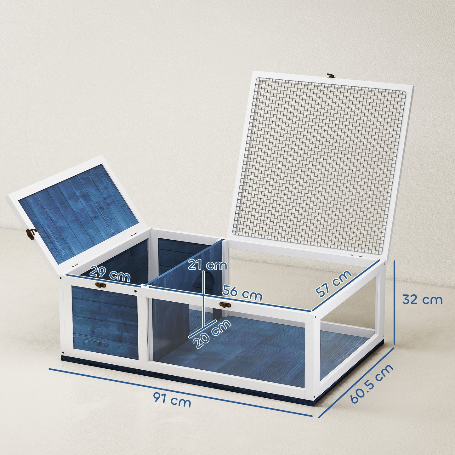PawHut House enclosure cage habitat for small animals tortoises with 2 spaces 91 x 60.5 x 32 cm solid wood blue