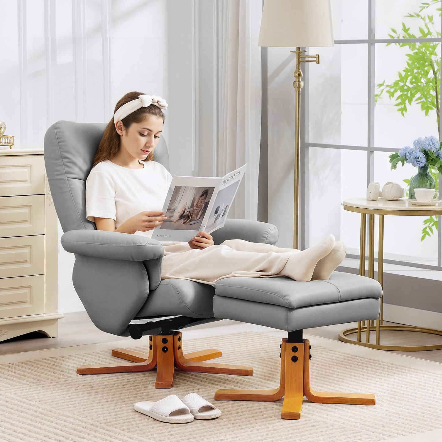 HOMCOM Recliner Armchair, Swivel Chair with Ottoman, Faux Leather, Wooden Base, Storage Footstool for Living Room, Light Grey