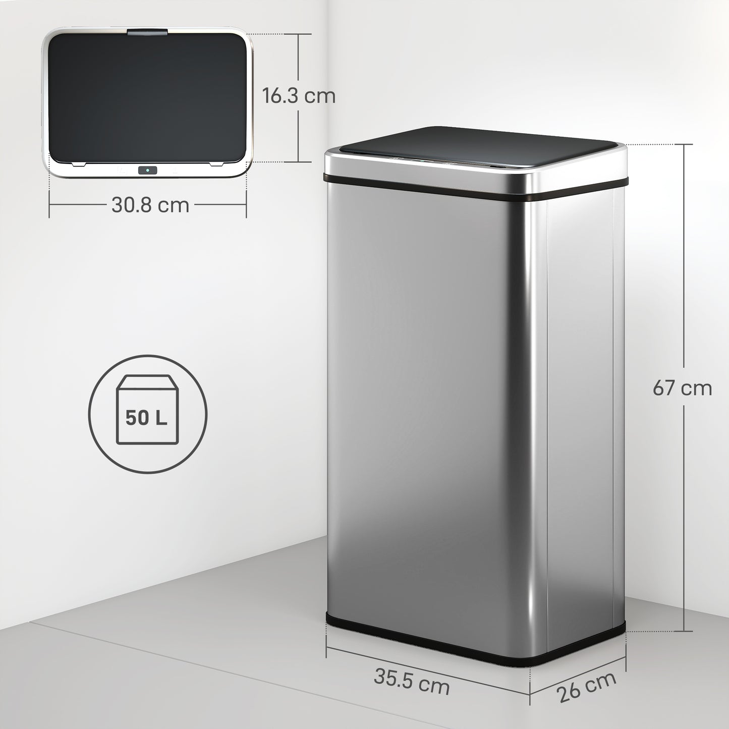 HOMCOM 50L Sensor Bin with Quiet Soft-Close Lid, Automatic Touchless Motion, Fingerprint Resistant Stainless Steel, Silver Tone