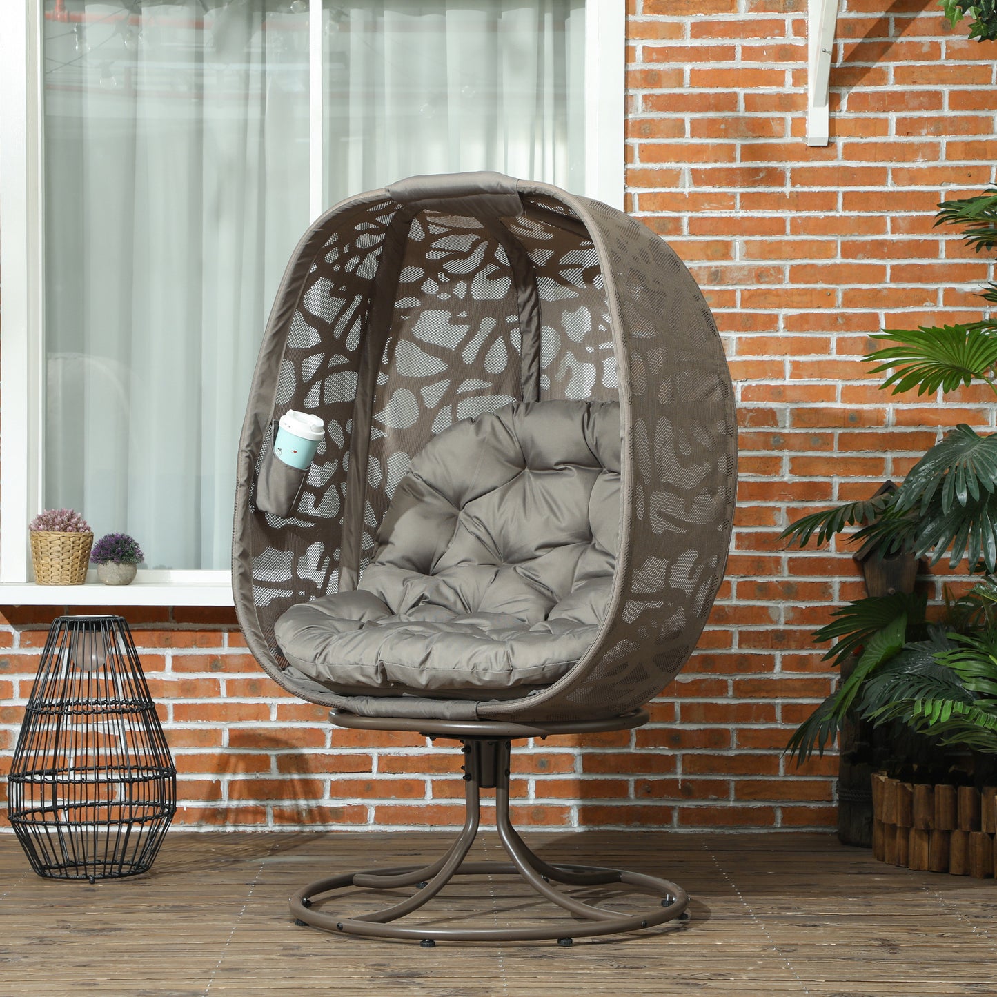 Outsunny Swivel Egg Chair w/ Cushions, Foldable Basket Seat & Metal Frame, Indoor/Outdoor, Sand Brown