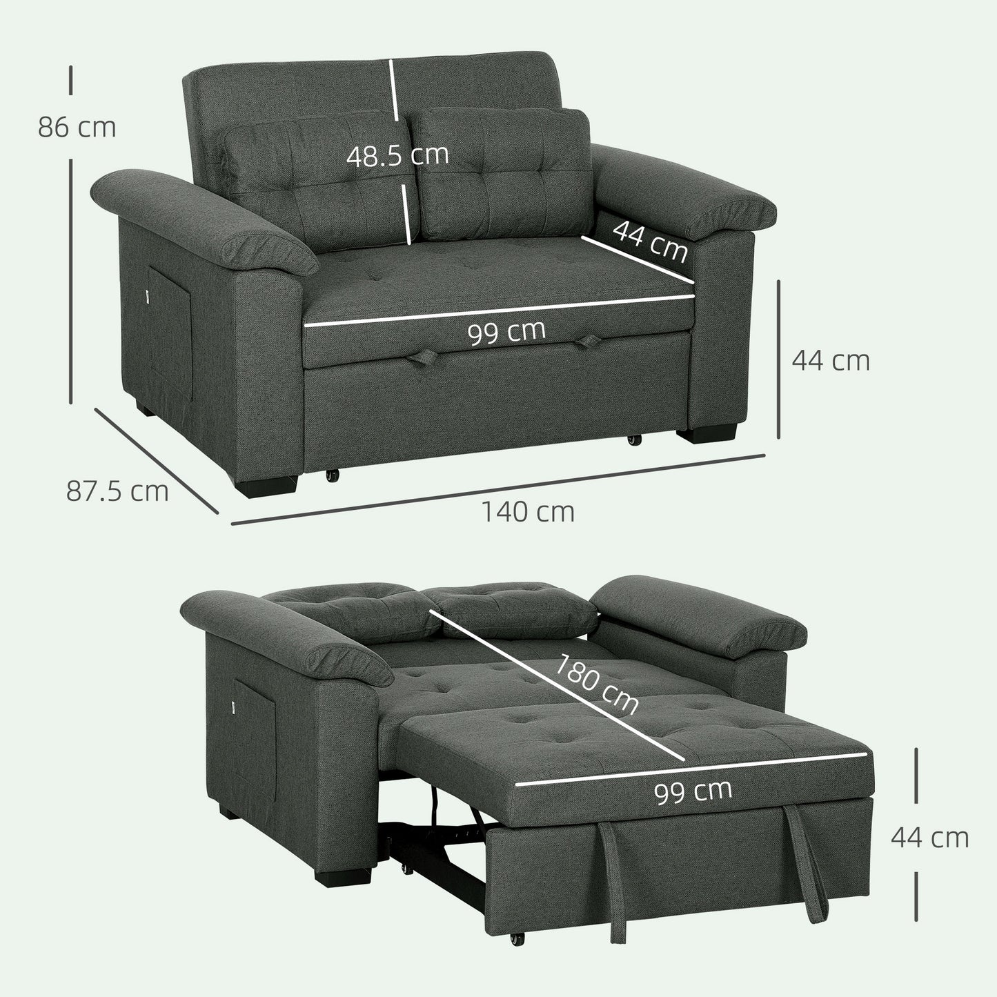 HOMCOM Pull Out Sofa Bed, 2 Seater Click Clack Convertible Couch with Pillows and Side Pockets for Living Room, Charcoal Grey