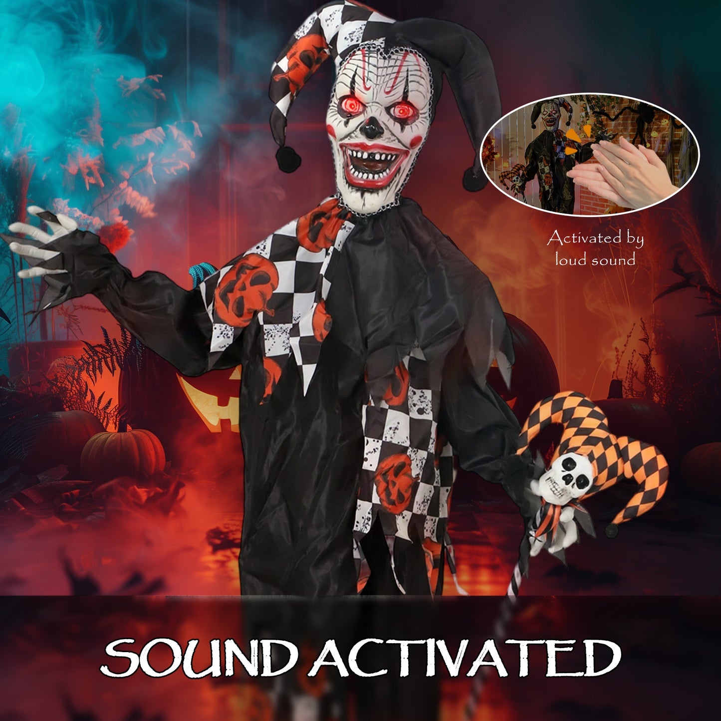 Outsunny Life Size Animated Clown & Skull Staff, Red Light Eyes, Sound-Activated Moving Arms & Head, Halloween Decor, Battery Operated, 183 cm, Red.