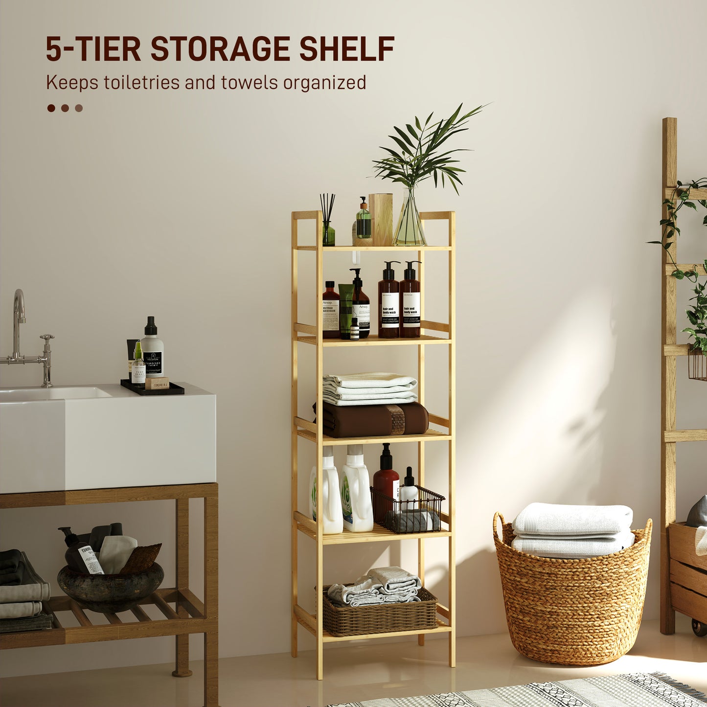 HOMCOM 5-Tier Bamboo Bathroom Storage Shelf, Freestanding Shelving Unit with Adjustable Rack for Kitchen Bathroom Living Room, Natural Wood Finish
