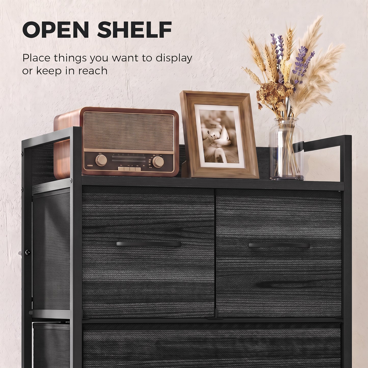 HOMCOM Rustic Chest of Four Fabric Drawers - Black Wood Effect