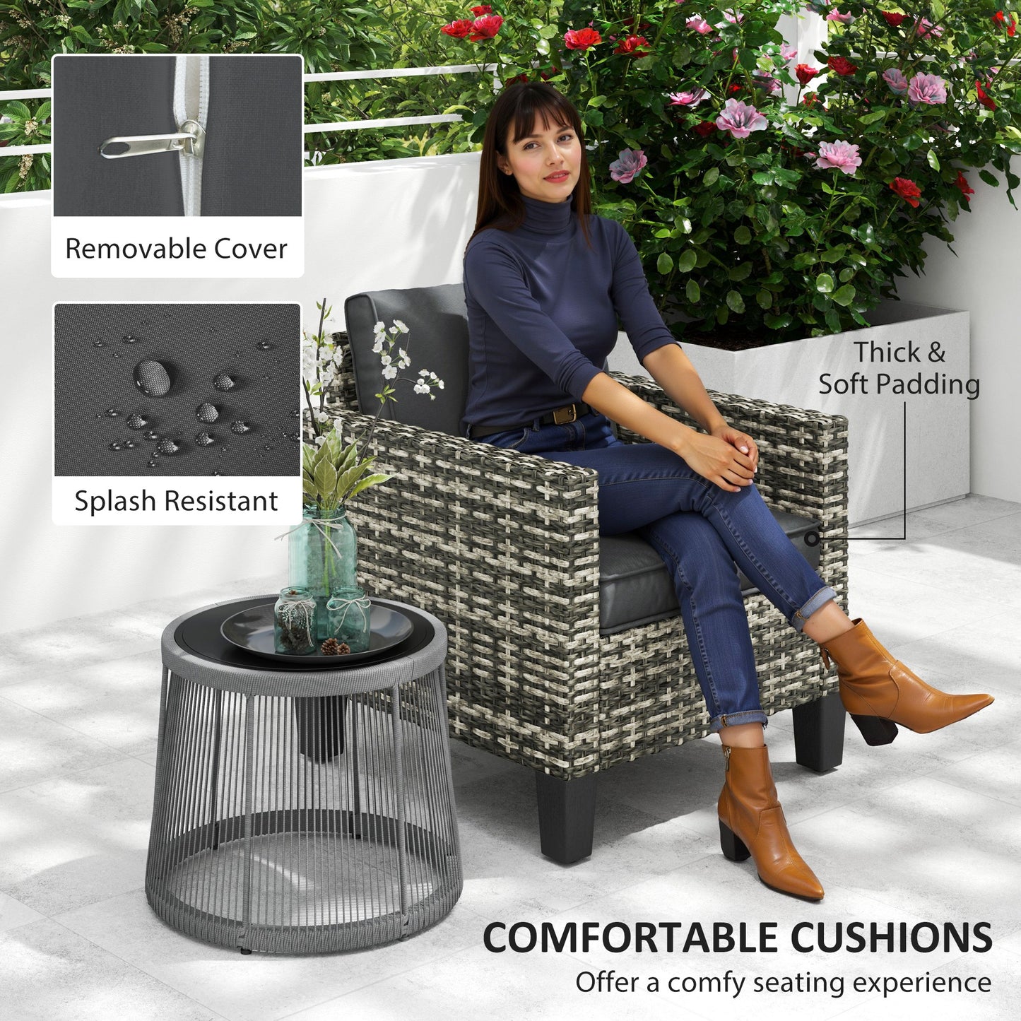 Outsunny Single Rattan Armchair, with Cushions - Light Grey