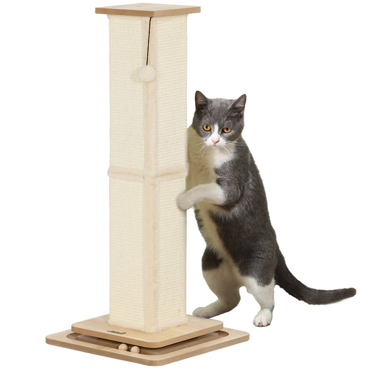 PawHut 3 in 1 Cat Scratching Post, 87cm Cat Scratcher w/ Track Ball Toy, Oak