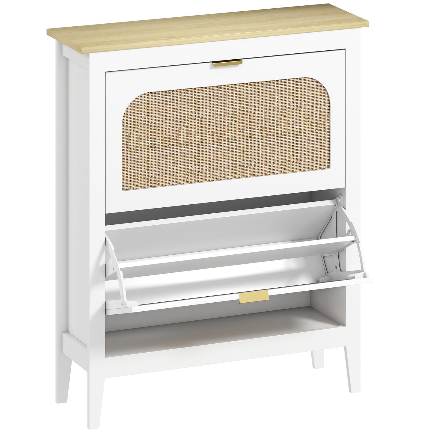 HOMCOM Shoe cabinet 14 pairs boho with 2 flip-down drawers, rattan cane-effect doors, 80 x 24 x 95.5 cm, White