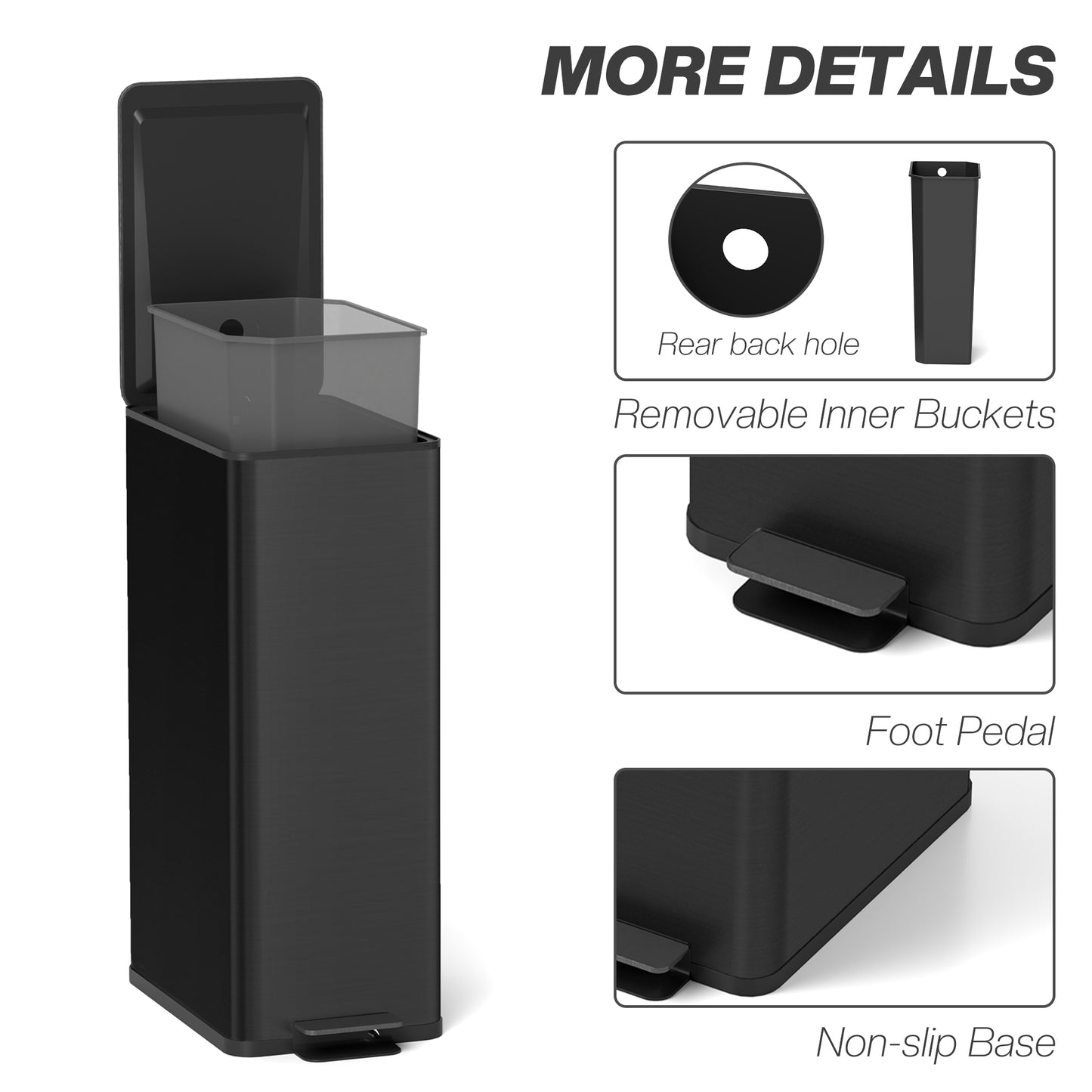 HOMCOM 20L Kitchen Pedal Bin, Slim Stainless Steel Rubbish Bin with Removable Inner Bucket, Soft-Close and Stay-Open Lid, Black