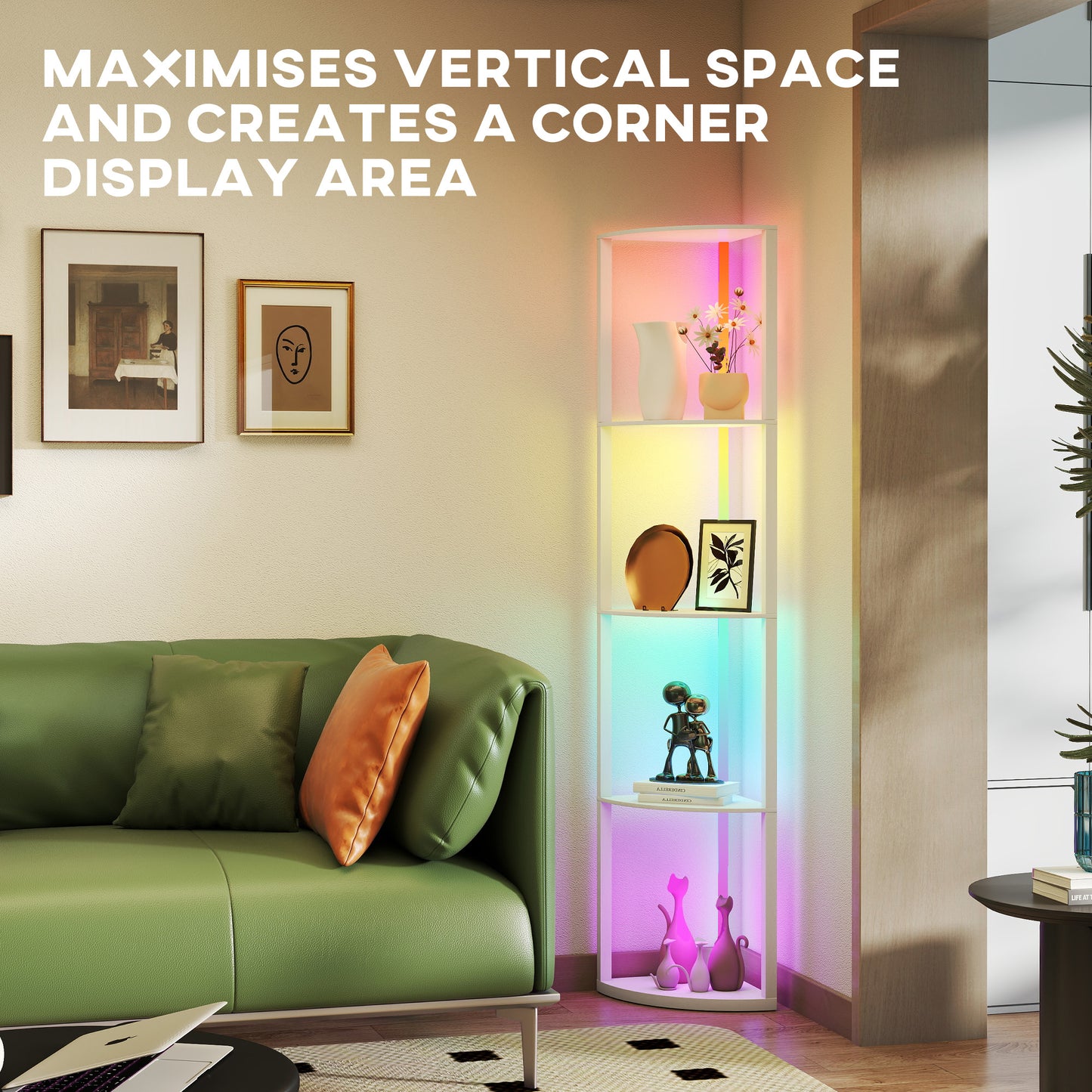 HOMCOM LED Floor Lamp with Shelves, 5-Tier Dimmable Standing Lamp, Adjustable Brightness, Remote Control, Corner Display Shelf Unit, White
