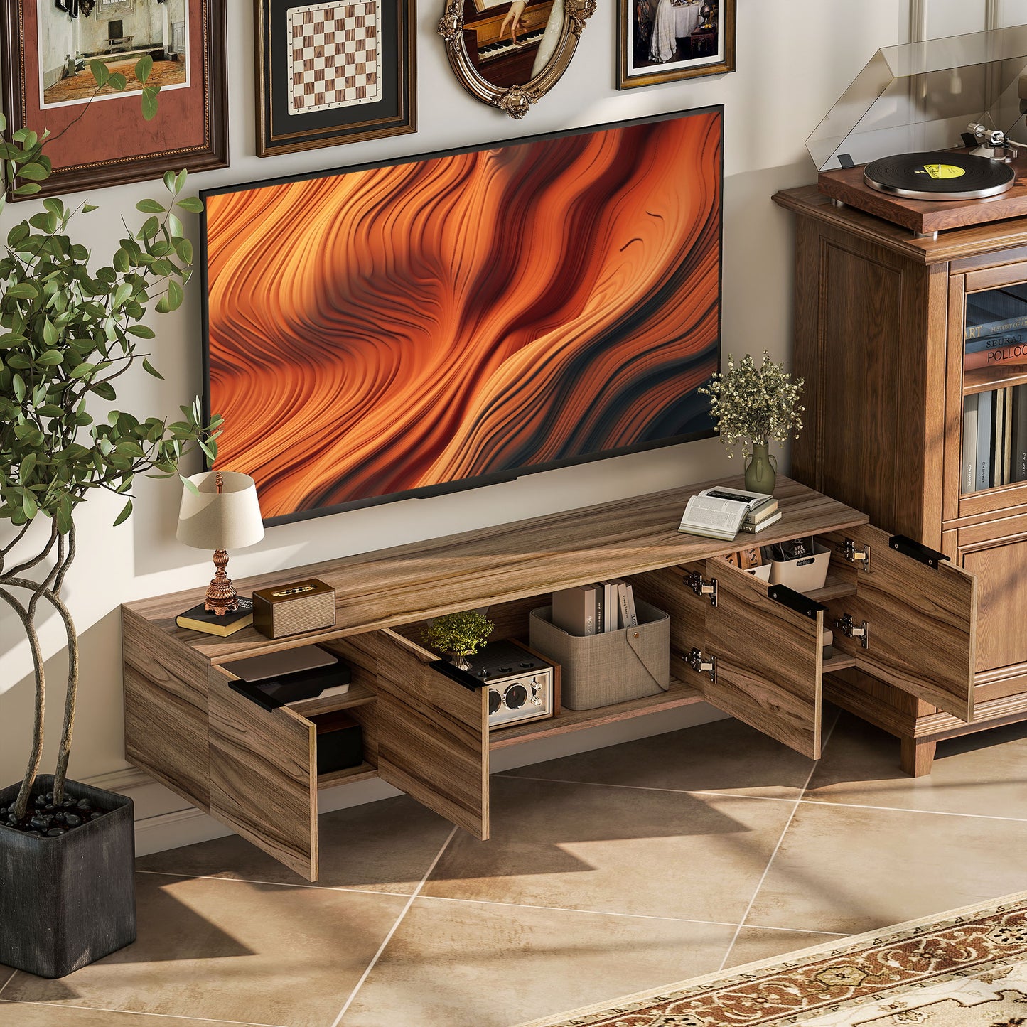 HOMCOM Wall Mounted TV Stand, 150 cm Floating Unit with Shelves and Doors, Media Console for Living Room, Bedroom, Rustic Brown