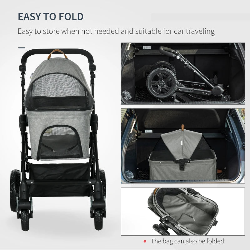 PawHut Dog Stroller Pushchair Detachable Pet Carrier Carrying Bag Foldable Trolley Shock Absorbing System Adjustable Handlebar for Small Dogs Grey