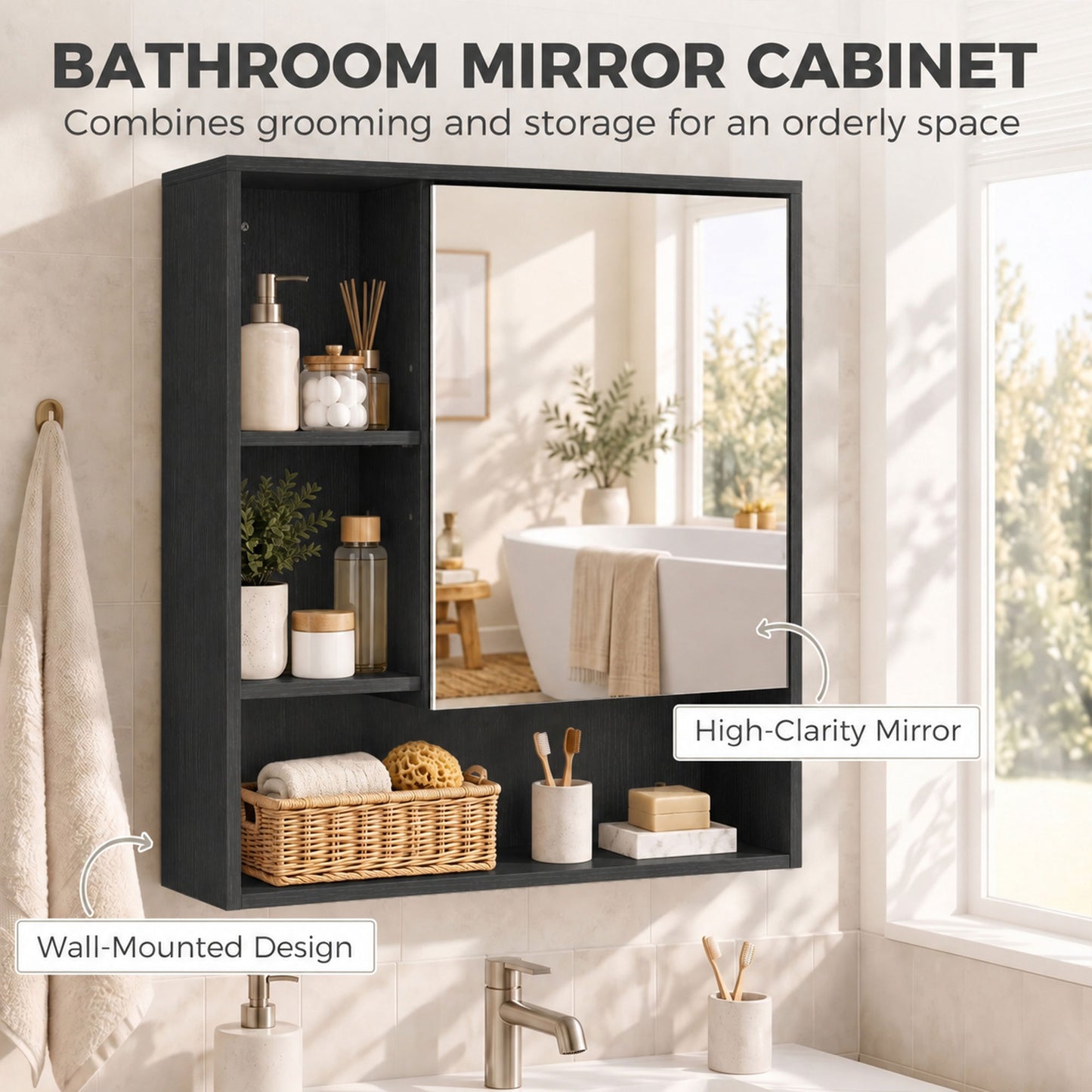 HOMCOM Bathroom Mirror Cabinet, Wall-Mounted Bathroom Cabinet with Mirror Door, Adjustable Shelves, Black