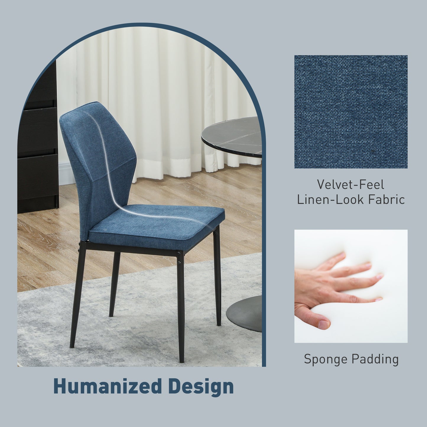 HOMCOM Velvet Dining Chairs Set of 2, Modern Upholstered, Metal Legs, Curved Back, Padded Seat, Armless Side Chairs, Blue