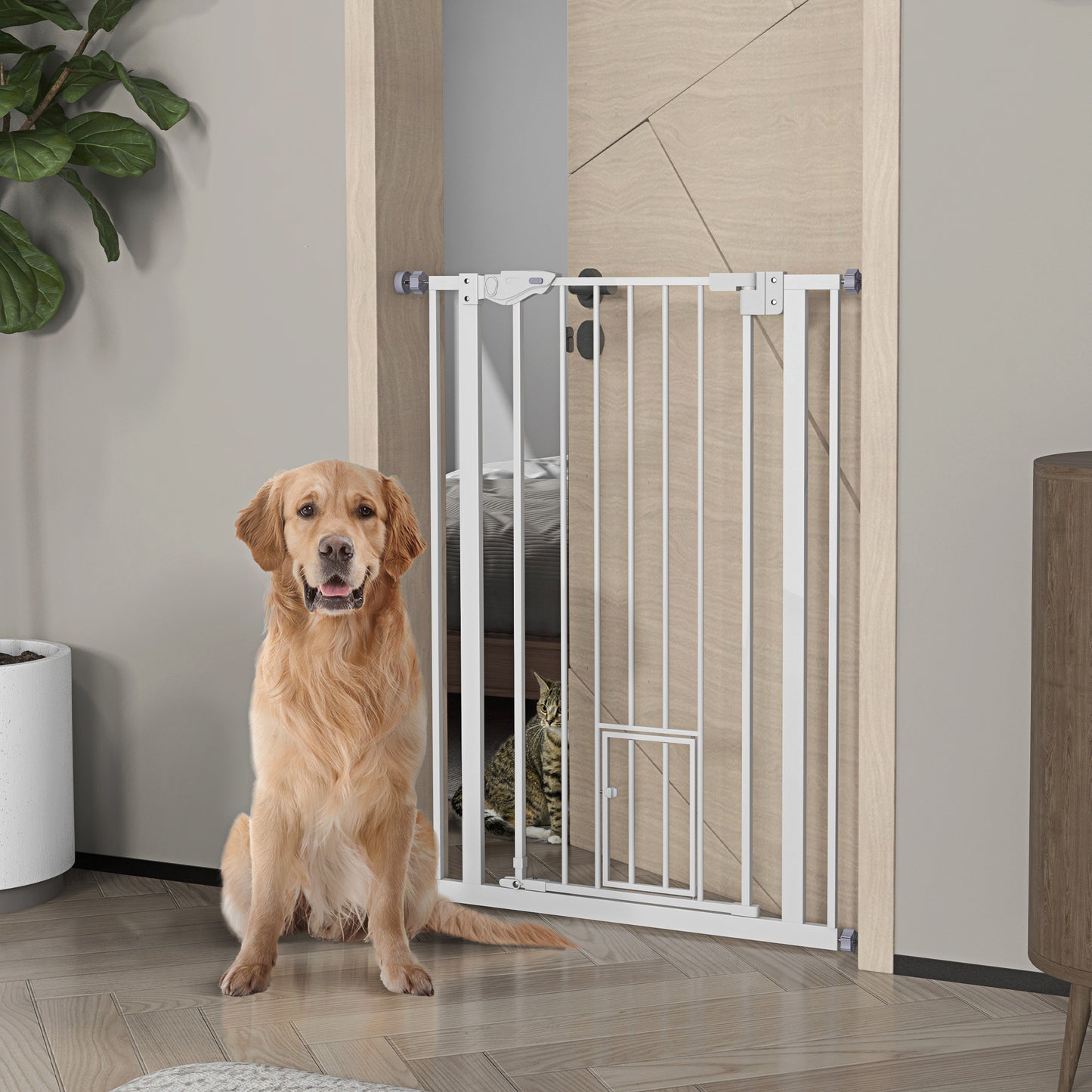 PawHut Extra Tall Pet Gate Indoor Dog Safety Gate with Cat Flap Auto Close 74-80cm Wide - White
