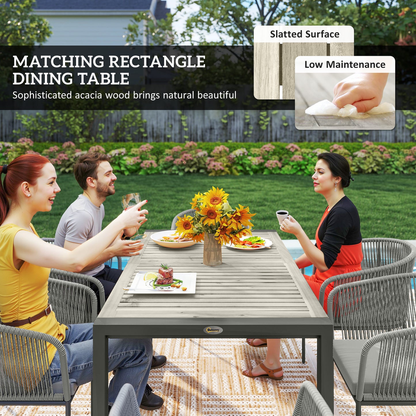 Outsunny Rattan Dining Set, 6 Seater, Wood Top Table, 6 Chairs, Washable Cushions, for Outdoor, Patio, Conservatory, Grey