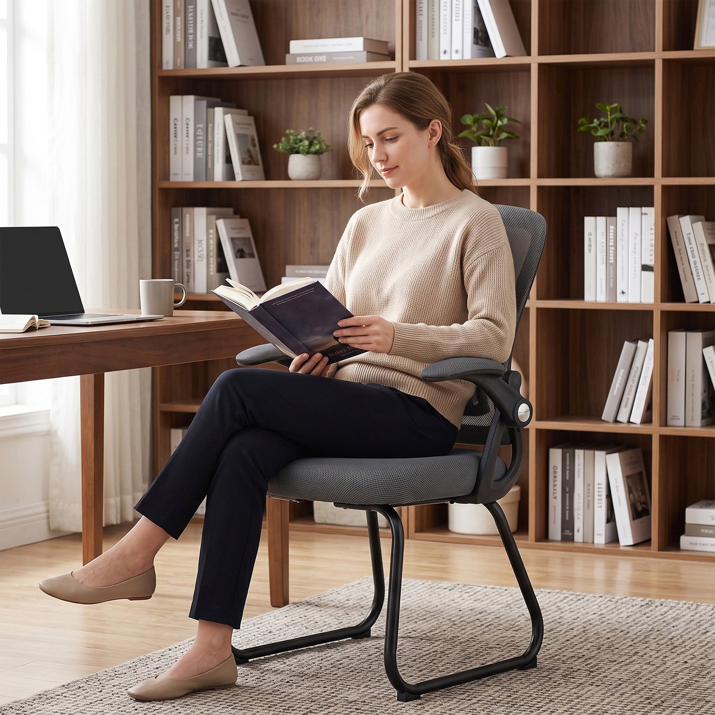 HOMCOM Office Chair, Ergonomic Desk Chair No Wheels with Mesh Backrest and Steel Legs for Home Conference Room, Dark Grey
