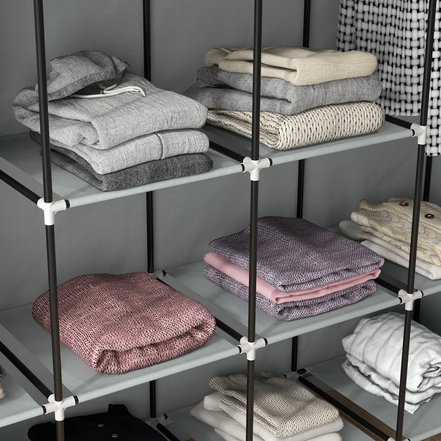 HOMCOM Fabric Wardrobe, Portable with 10 Compartments, 2 Hanging Rails & 4 Fabric Drawers, 166x42.5x169.5cm, Dark Grey