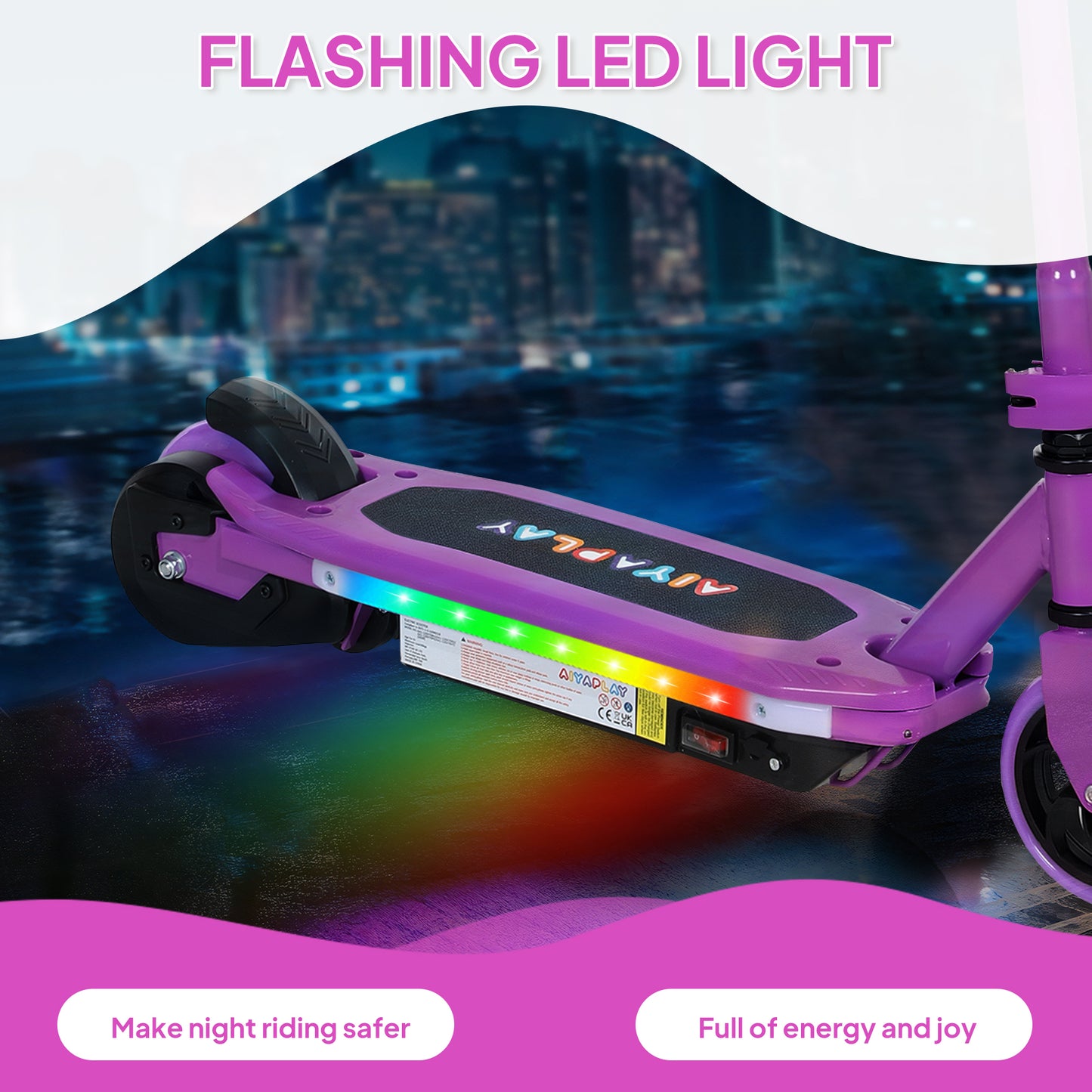 AIYAPLAY Electric Scooter for Kids Ages 6-14, with Colourful Light and Electric Brake, Kids Electric Scooter E Scooter, Up to 10 KM/H & 8 KM, Purple