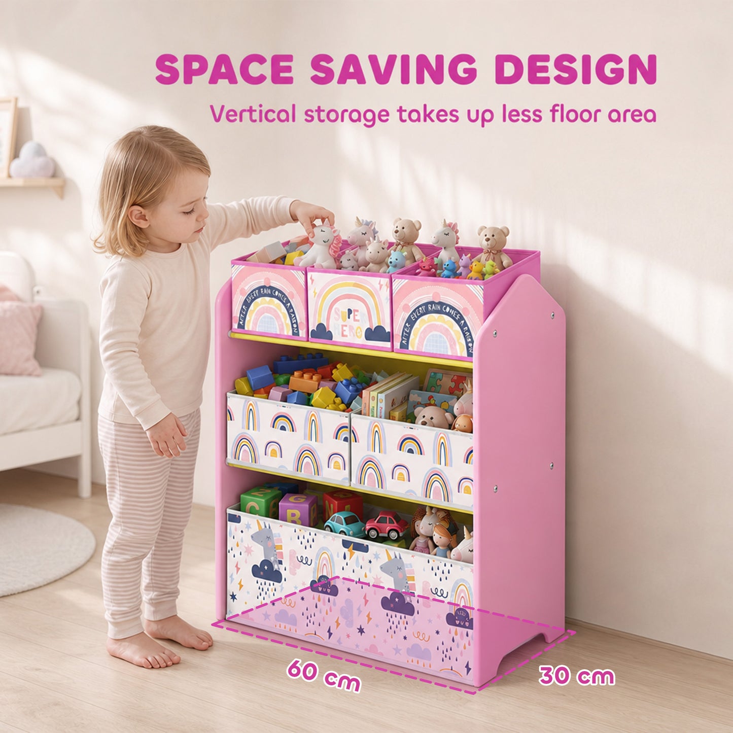 AIYAPLAY Toy Storage Organiser, 3-Tier Wooden Kids Toy Storage Rack with 6 Fabric Storage Bins for Bedroom, Kids Room, Pink