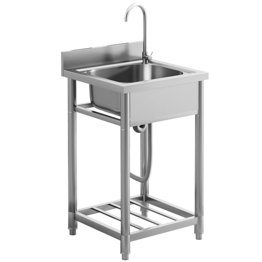 HOMCOM Outdoor Utility Sink, Stainless Steel Free Standing Single Bowl with Hot/Cold Water Pipe & Storage Shelf, 55 x 50 x 100 cm, for Laundry/Garage