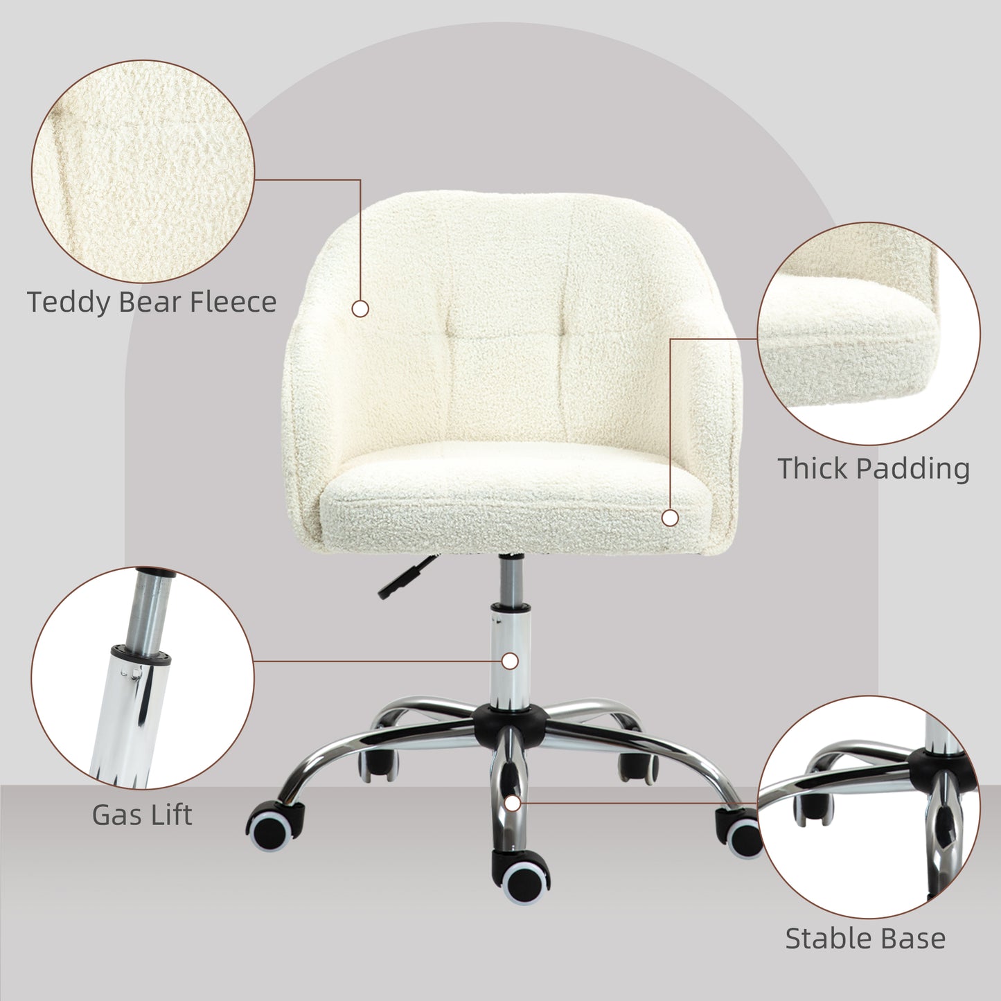 HOMCOM Computer Desk Chair, Fluffy Fabric Swivel Office Chair Height Adjustable Cream White