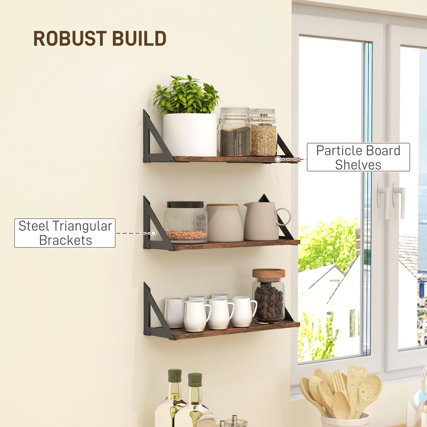 HOMCOM Set of 3 Wall Mounted Floating Shelves, Vintage Wall Shelves for Living Room, Entryway, Bedroom, Rustic Brown