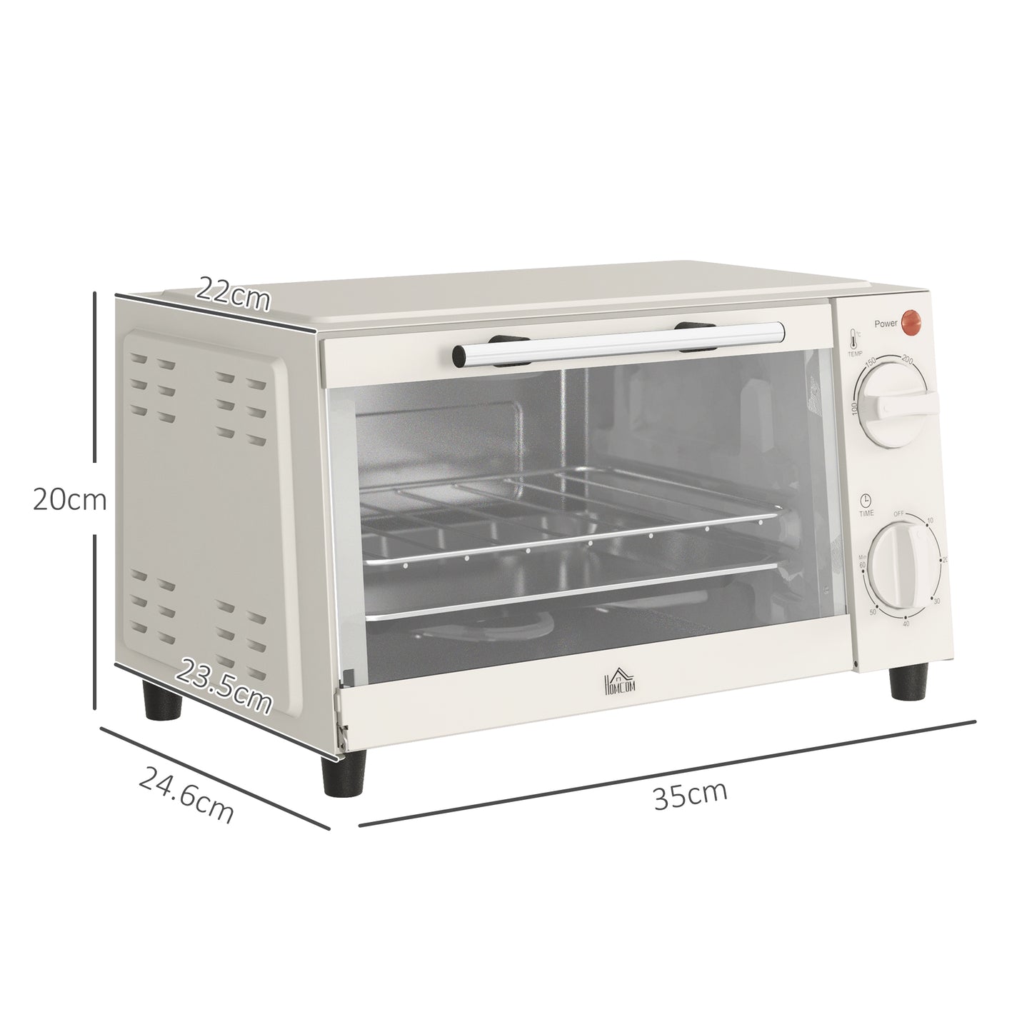 HOMCOM Mini Oven, 9L Countertop Electric Grill, Toaster Oven with Adjustable Temperature, Timer, Baking Tray and Wire Rack, 750W, Cream