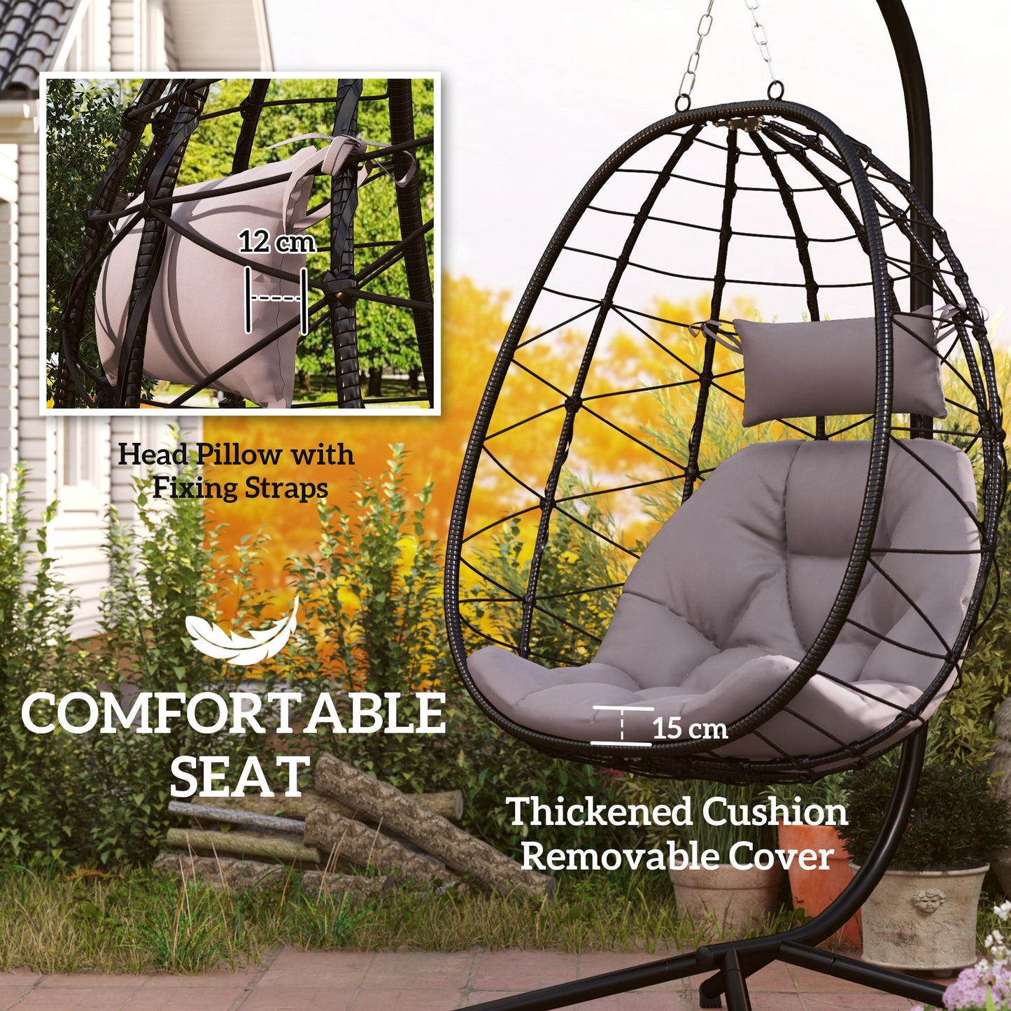 Outsunny Hanging Egg Chair, Outdoor/Indoor Swing with Folding Basket, Cushion & Stand, Grey