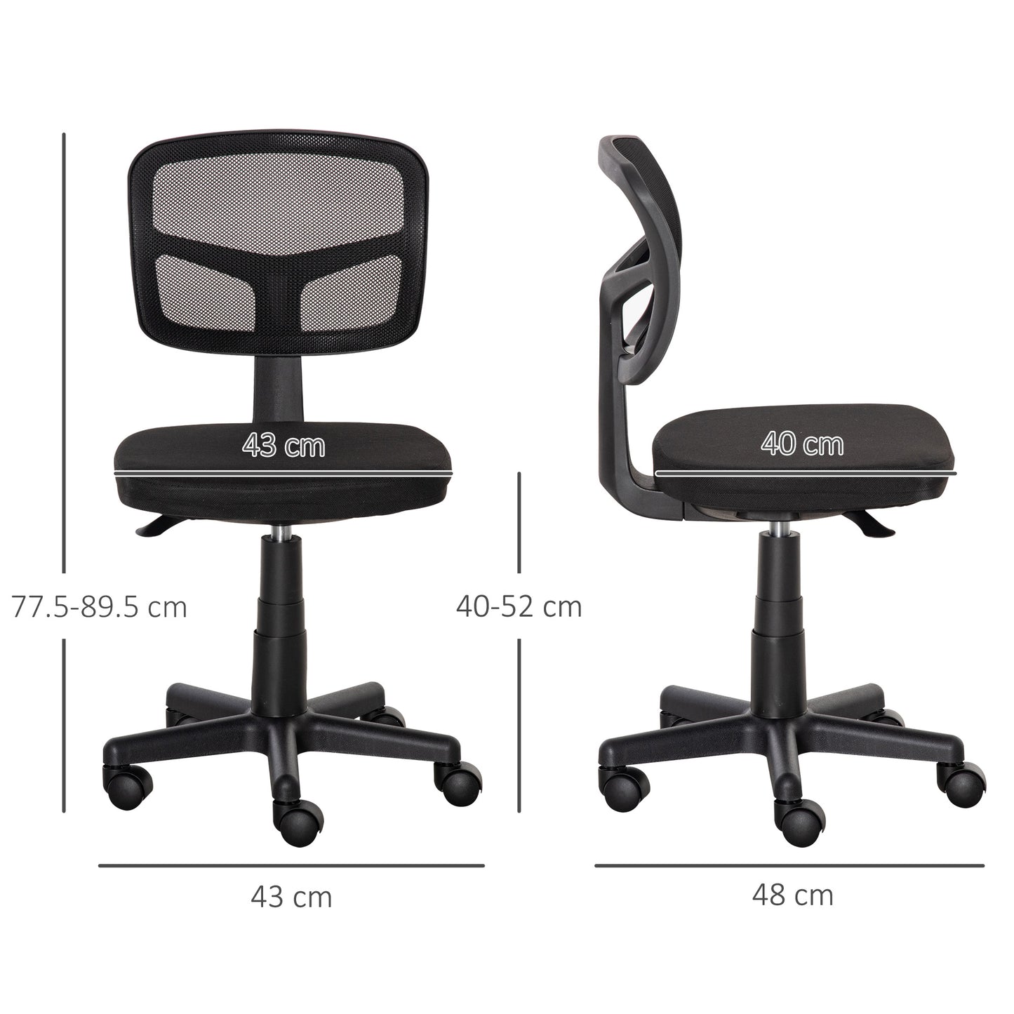 Vinsetto Ergonomic Swivel Mesh Desk Chair, Armless, Curved Back, Height Adjustable, Wheels, 120 kg Capacity, for Home Office, Black.