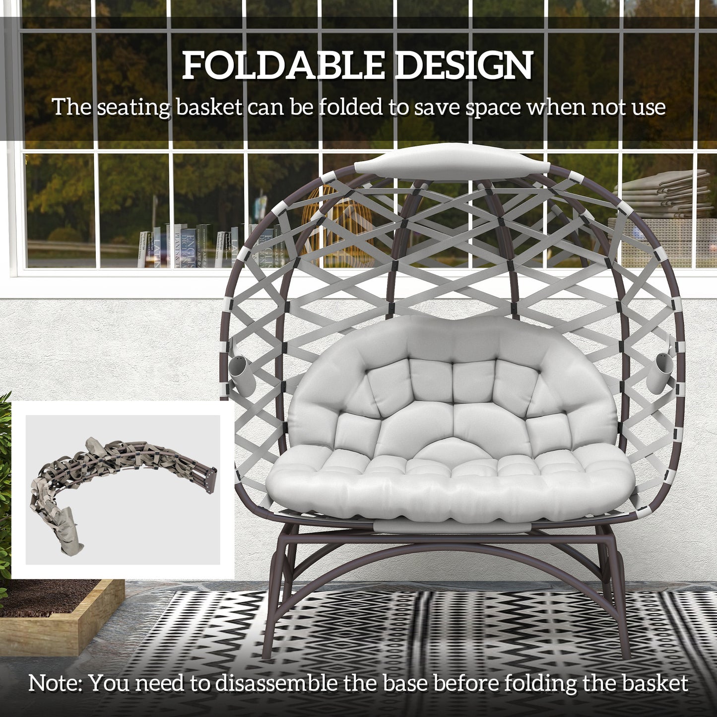 Outsunny 2 Seater Egg Chair Outdoor, Folding Weave Garden Furniture Chair with Cushion, Cup Pockets - Light Grey