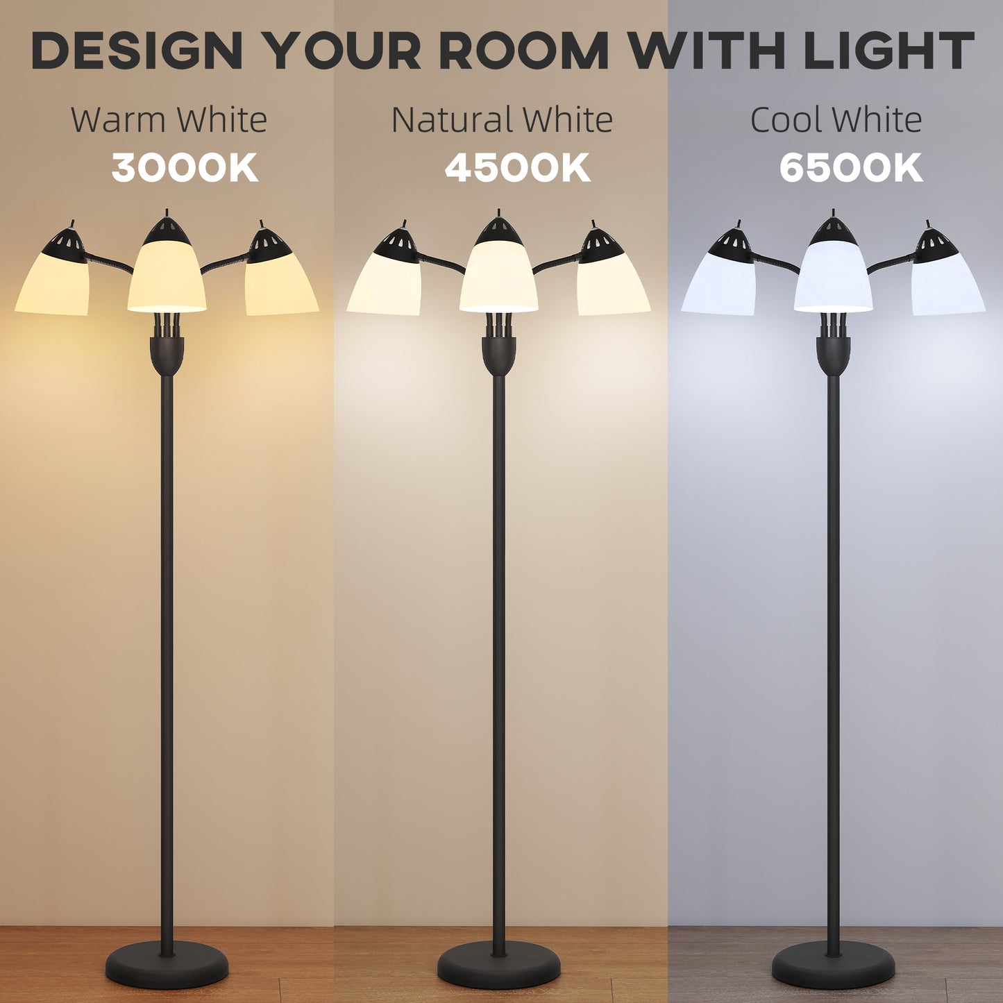 HOMCOM Arc Tree Floor Lamp, 3 Adjustable Lights, 3000K/4500K/6500K Temps, Industrial Steel Frame for Bedroom/Living Room, 155cm, Black