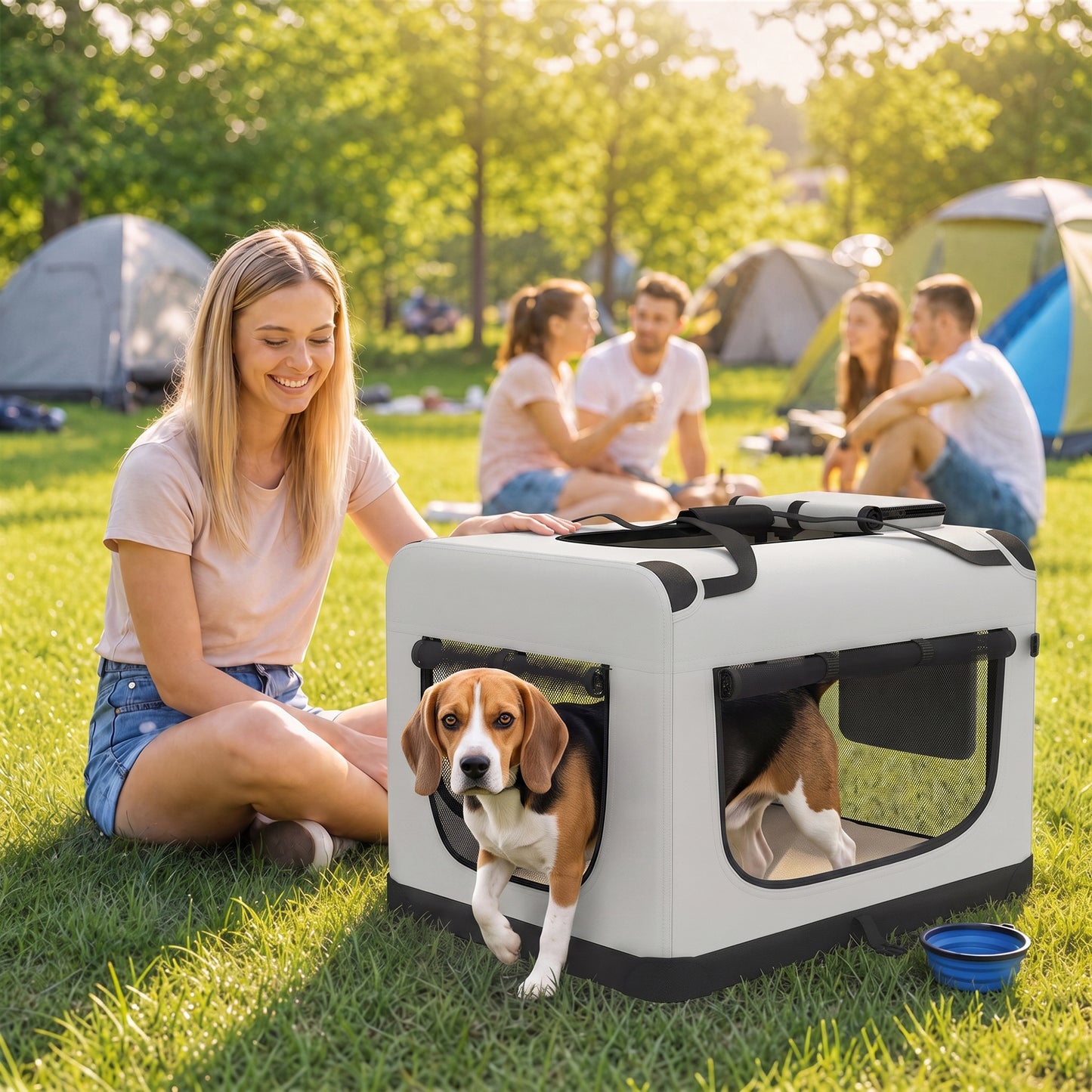PawHut Pet Carrier Bag, Soft-Sided Dog Carrier with Security Buckle Strap, Washable Cushion and Folded Bowl, Light Grey