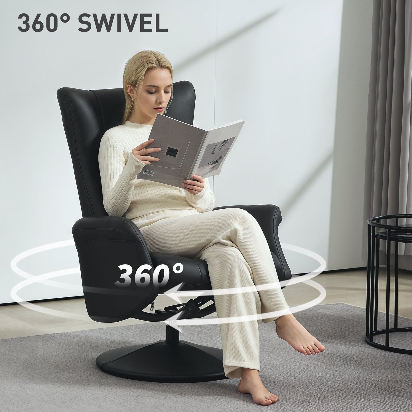 HOMCOM Swivel Recliner Chair with Footstool, PU Leather Adjustable Recliner Armchair, Steel Frame, Flared Armrests for Living Room, Black