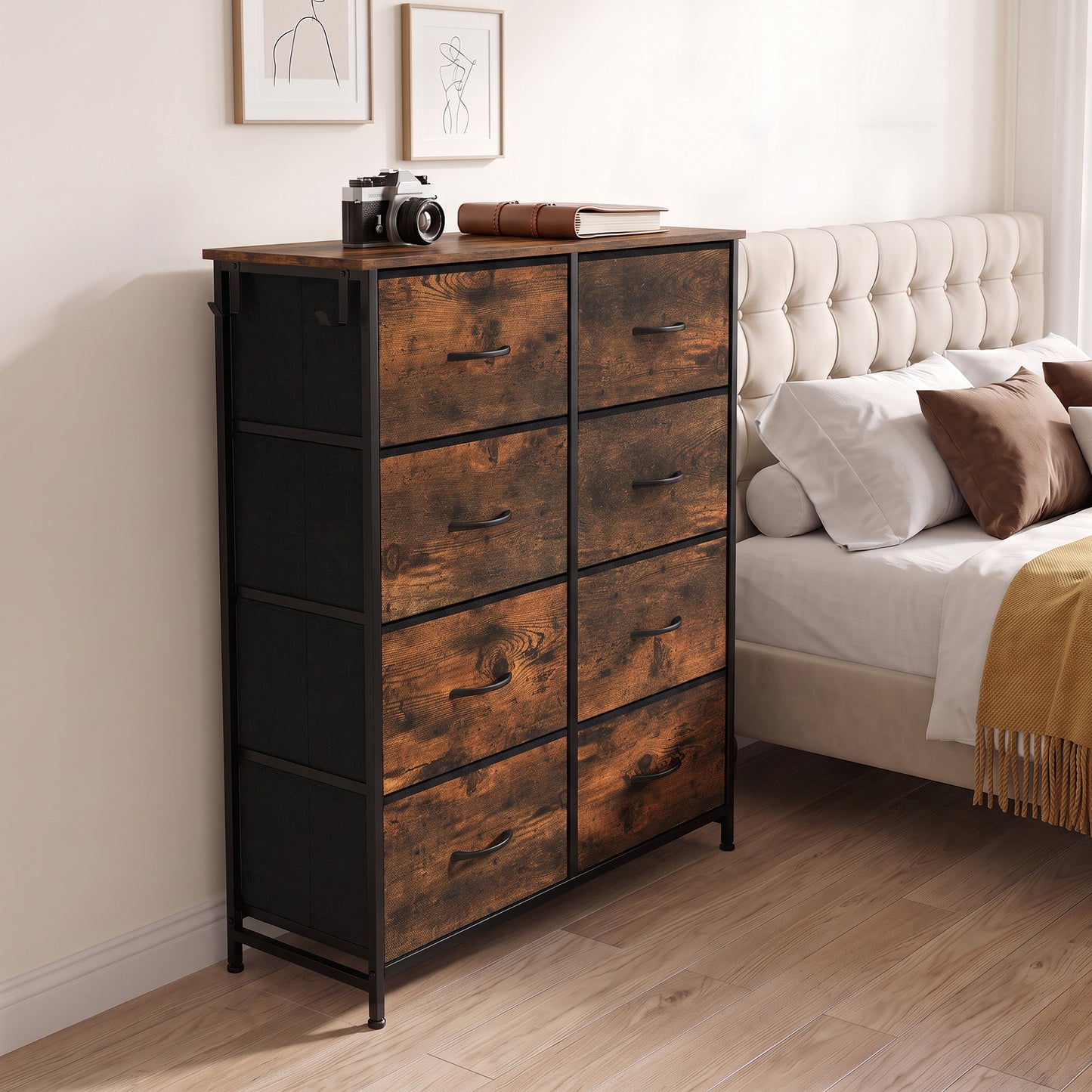 HOMCOM Chest of Drawers, Dresser for Bedroom with 8 Fabric Drawers, Tall Storage Unit w/ Side Storage Bag, Rustic Brown